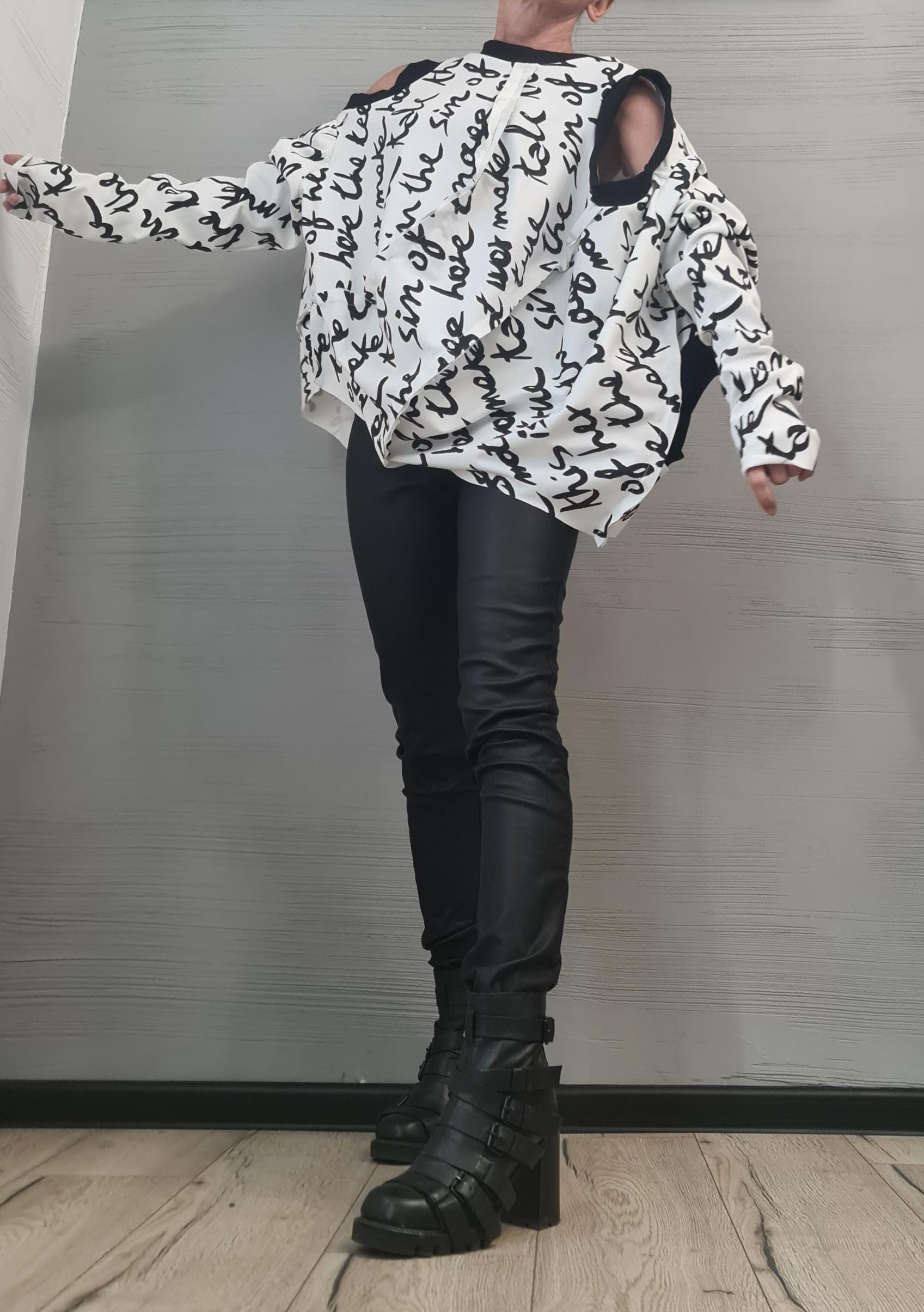 Long sleeves or sleeveless openings, Asymmetrical Avant Garde Tunic, Deconstructed Top, White Top with black lettering DRESSSHOESCODE