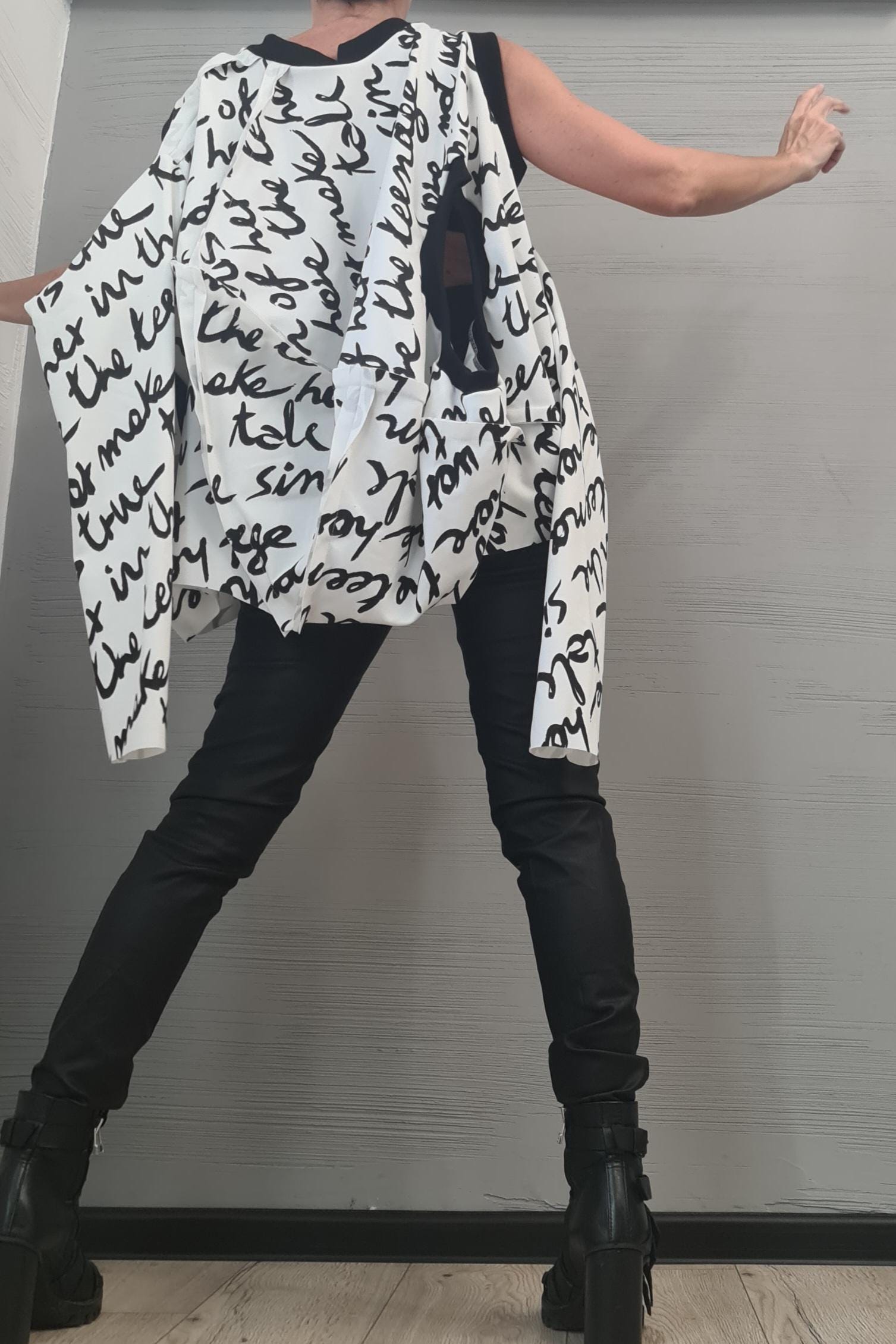 Long sleeves or sleeveless openings, Asymmetrical Avant Garde Tunic, Deconstructed Top, White Top with black lettering DRESSSHOESCODE