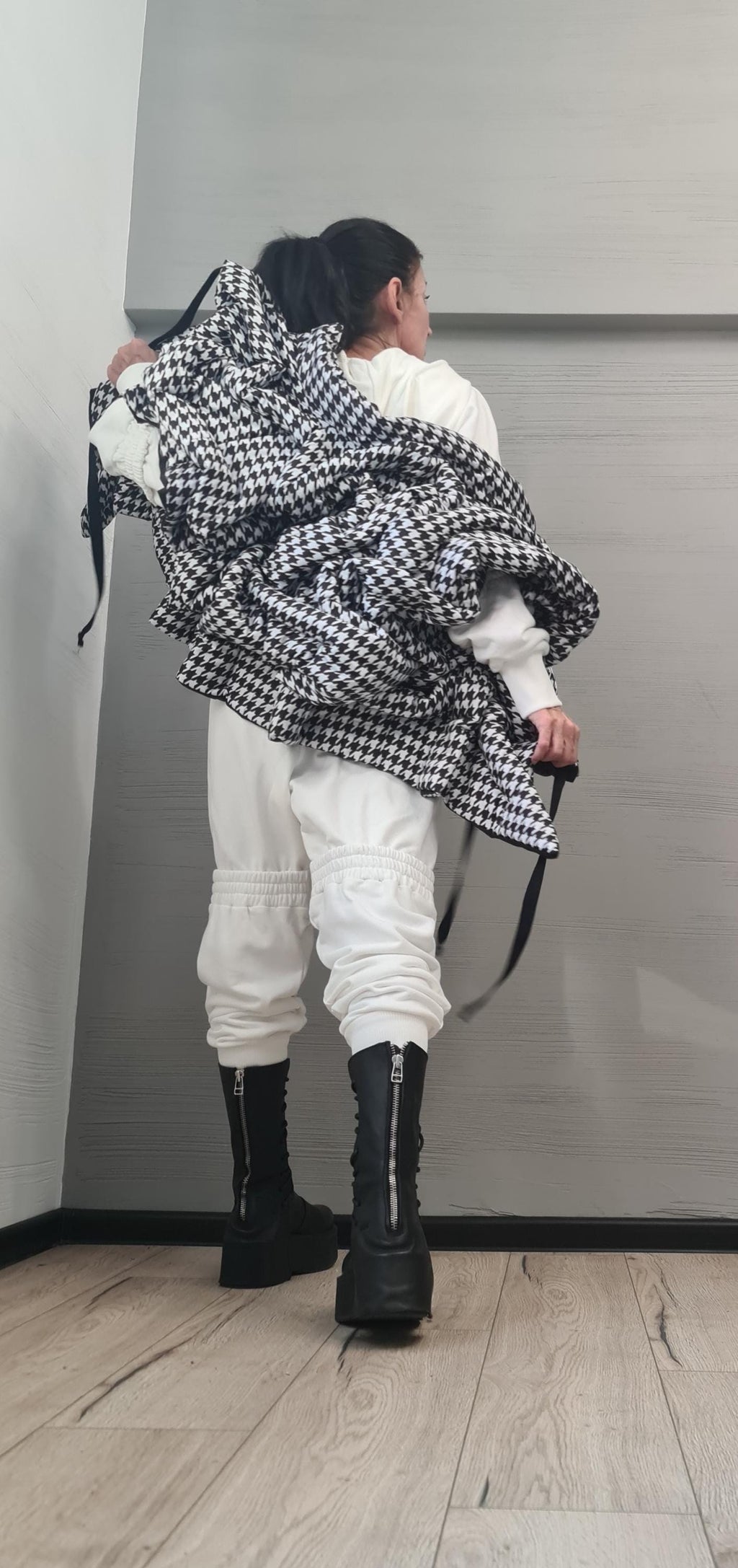 Black and White Pepita Extravagant Winter Jacket, Women Short Jacket, Sleeveless Jacket, Waterproof Jacket, Windproof Jacket, Puffer Jacket