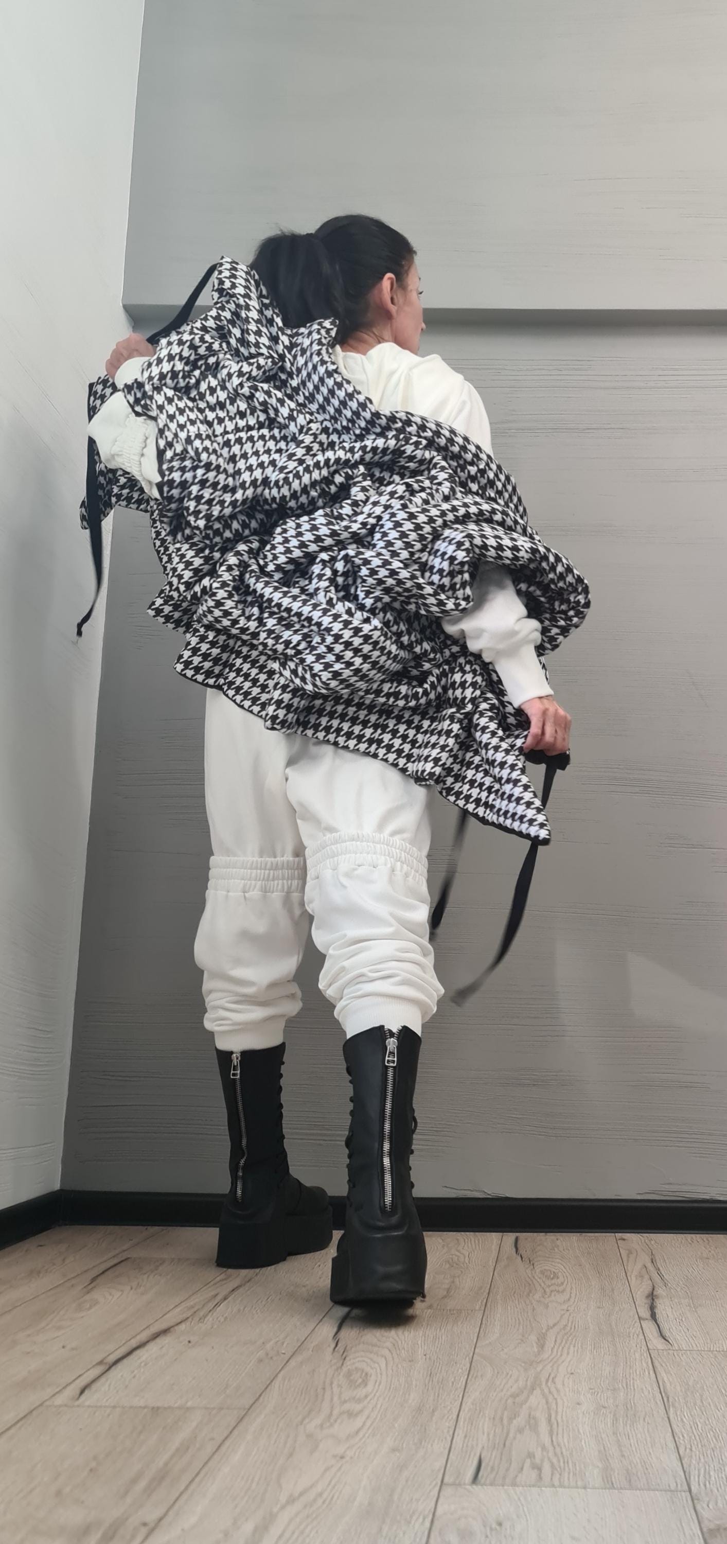 Black and White Pepita Extravagant Winter Jacket, Women Short Jacket, Sleeveless Jacket, Waterproof Jacket, Windproof Jacket, Puffer Jacket