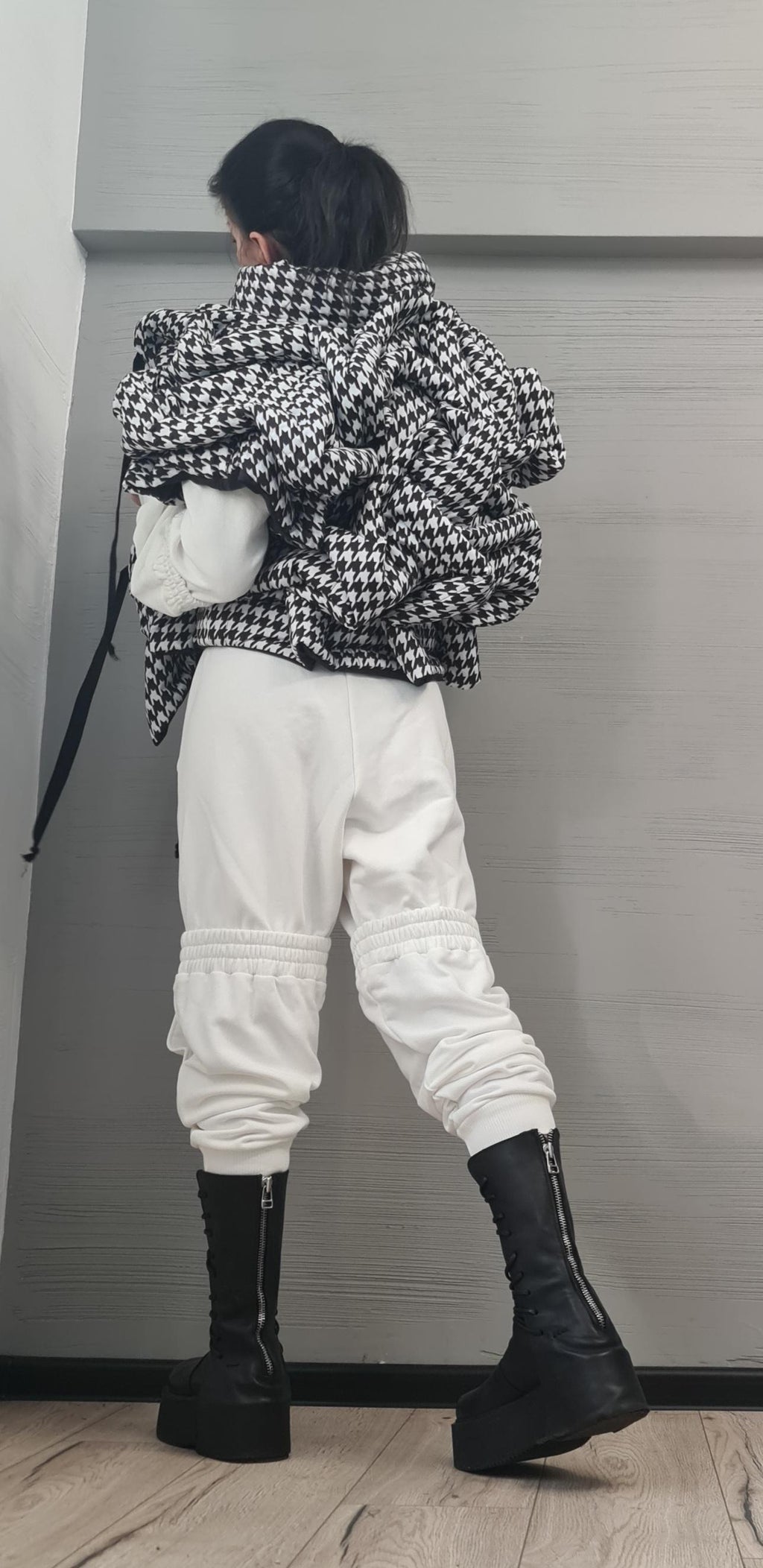 Black and White Pepita Extravagant Winter Jacket, Women Short Jacket, Sleeveless Jacket, Waterproof Jacket, Windproof Jacket, Puffer Jacket