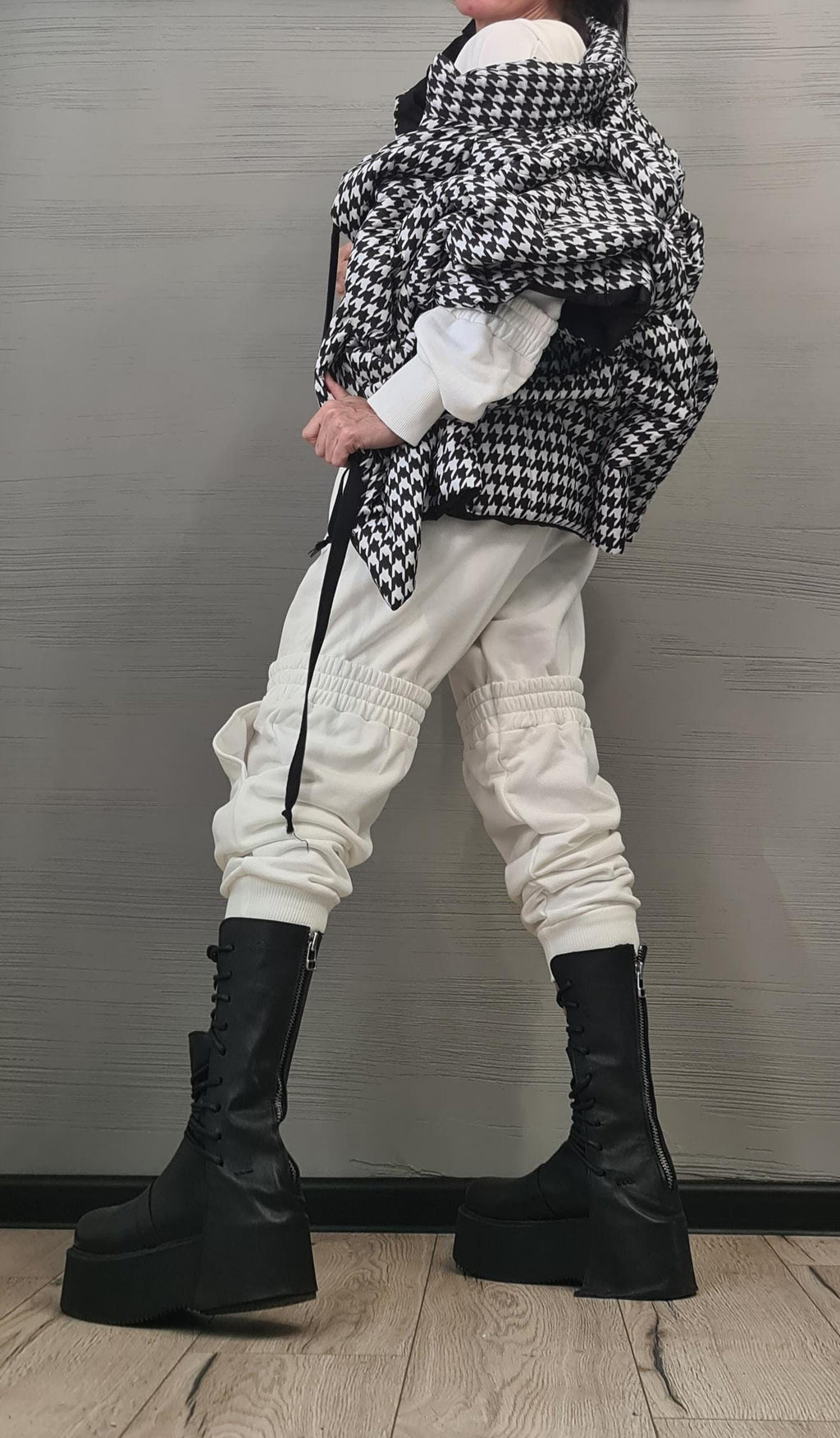 Black and White Pepita Extravagant Winter Jacket, Women Short Jacket, Sleeveless Jacket, Waterproof Jacket, Windproof Jacket, Puffer Jacket