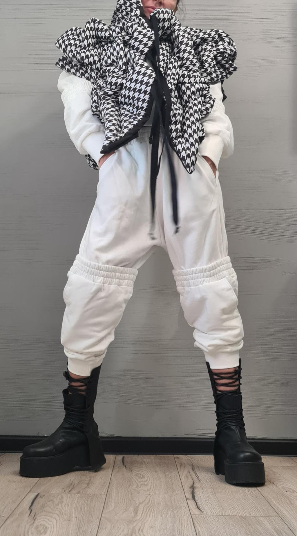 Black and White Pepita Extravagant Winter Jacket, Women Short Jacket, Sleeveless Jacket, Waterproof Jacket, Windproof Jacket, Puffer Jacket