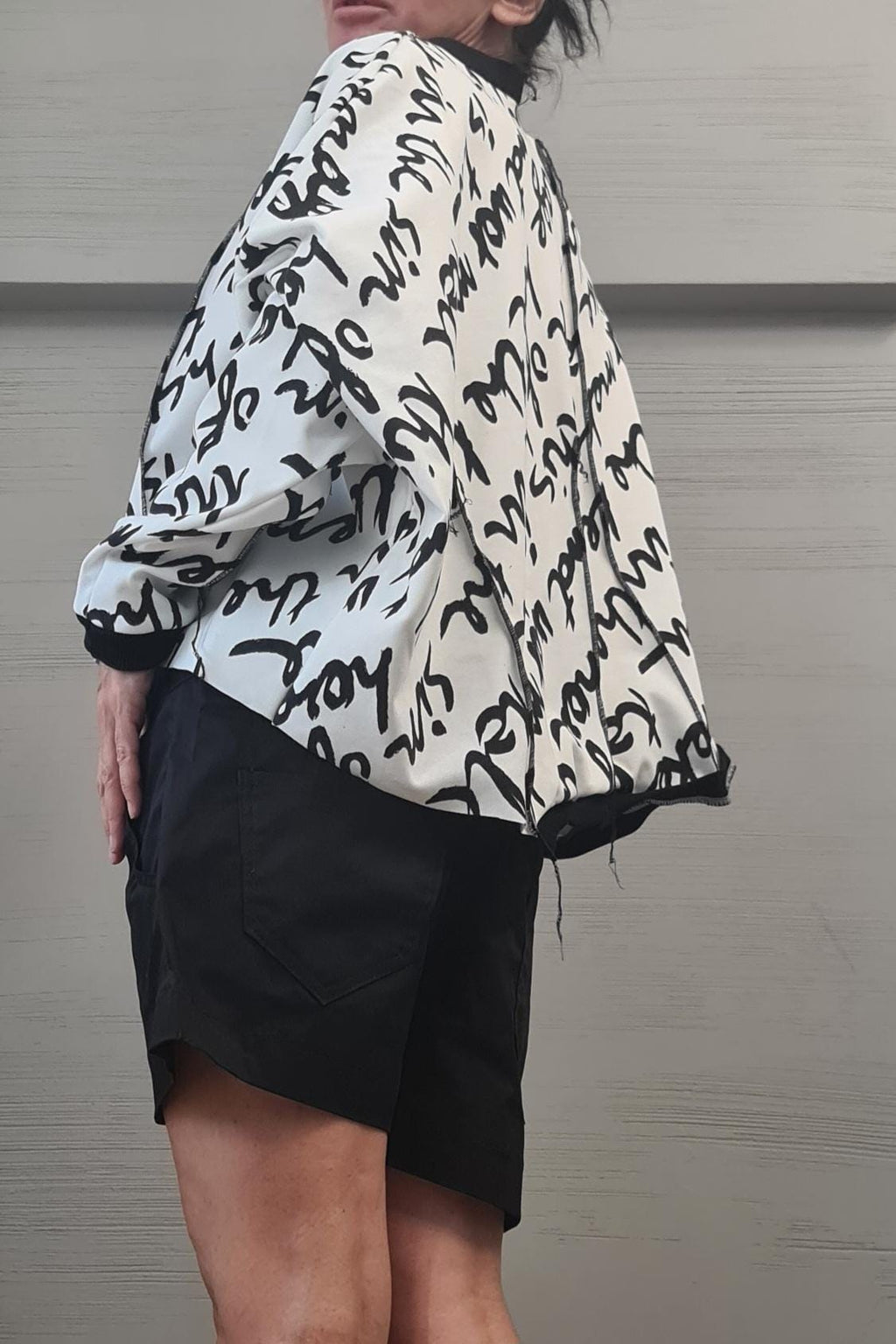 Asymmetrical tunic, Loose Tunic, Deconstructed Top, White Top with black lettering