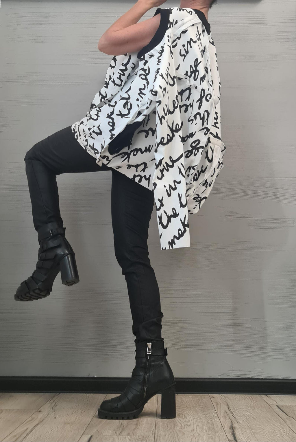 Long sleeves or sleeveless openings, Asymmetrical Avant Garde Tunic, Deconstructed Top, White Top with black lettering DRESSSHOESCODE