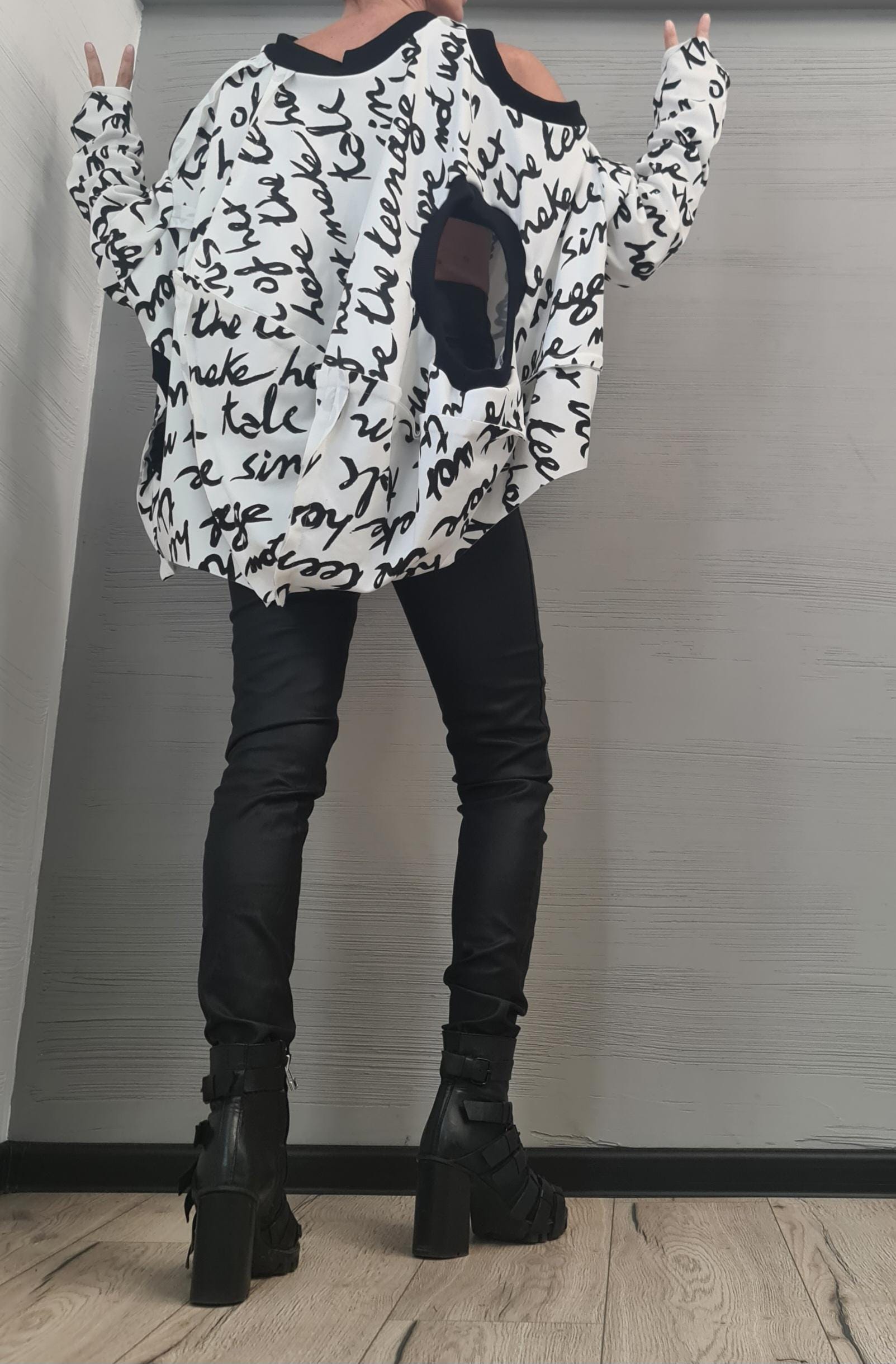 Long sleeves or sleeveless openings, Asymmetrical Avant Garde Tunic, Deconstructed Top, White Top with black lettering DRESSSHOESCODE