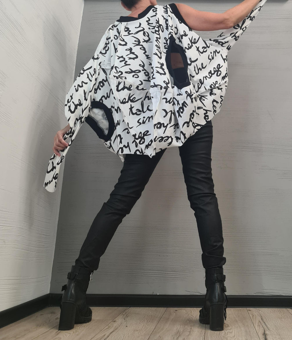 Long sleeves or sleeveless openings, Asymmetrical Avant Garde Tunic, Deconstructed Top, White Top with black lettering DRESSSHOESCODE