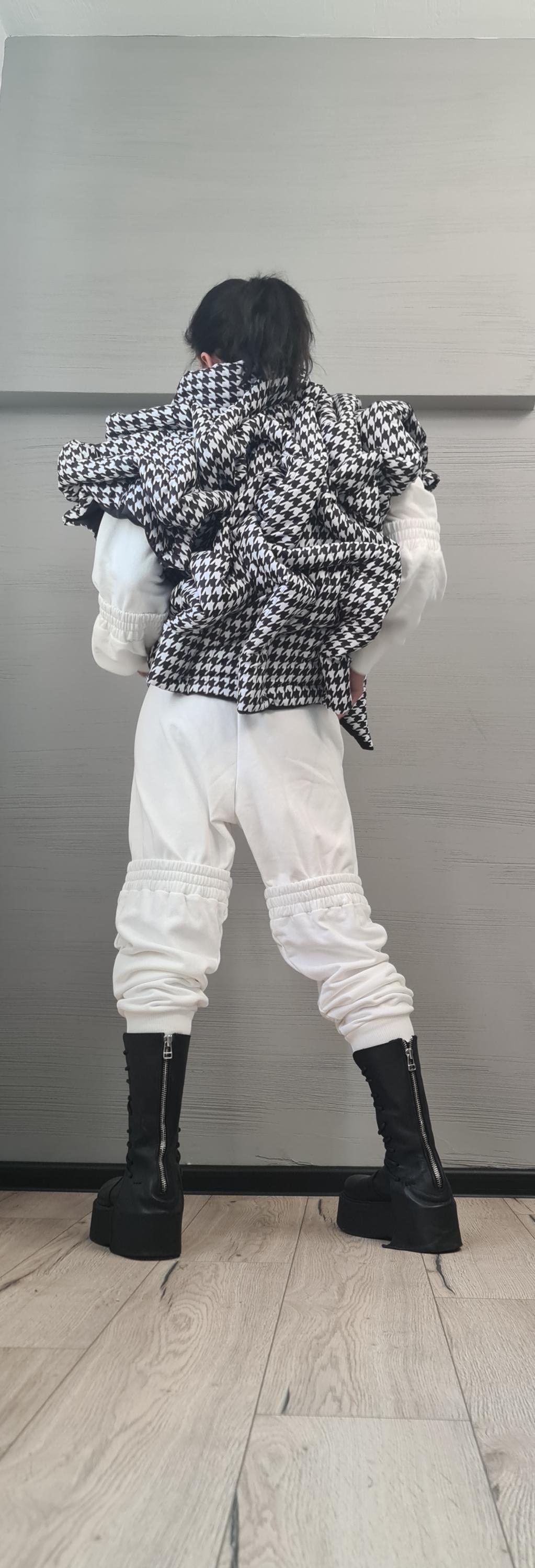 Black and White Pepita Extravagant Winter Jacket, Women Short Jacket, Sleeveless Jacket, Waterproof Jacket, Windproof Jacket, Puffer Jacket