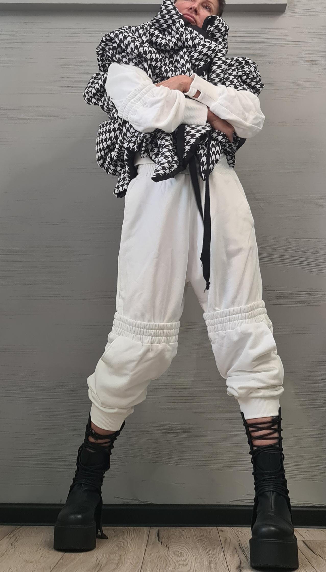 Black and White Pepita Extravagant Winter Jacket, Women Short Jacket, Sleeveless Jacket, Waterproof Jacket, Windproof Jacket, Puffer Jacket