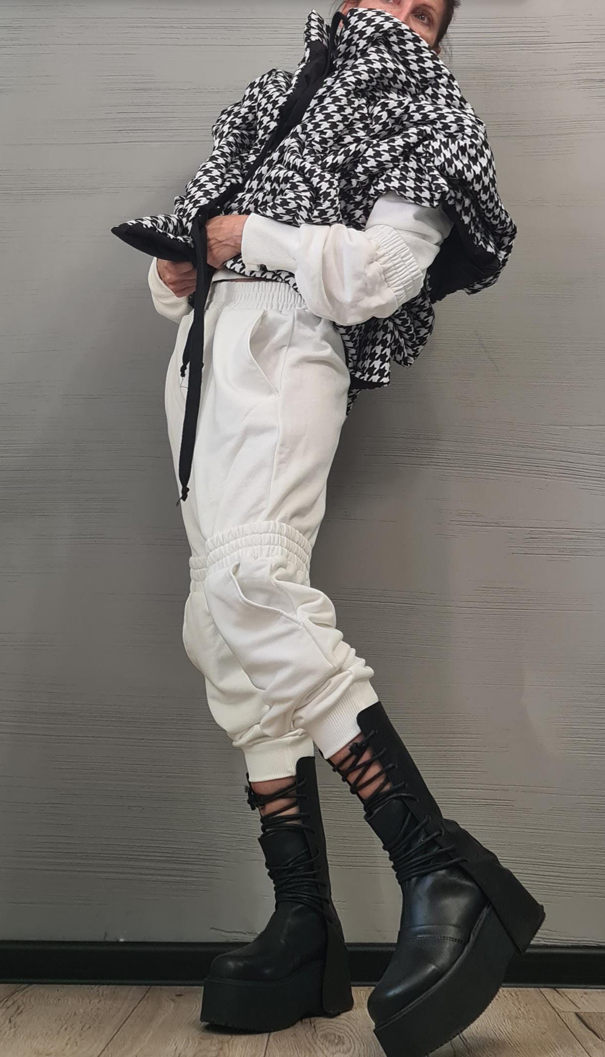 Black and White Pepita Extravagant Winter Jacket, Women Short Jacket, Sleeveless Jacket, Waterproof Jacket, Windproof Jacket, Puffer Jacket