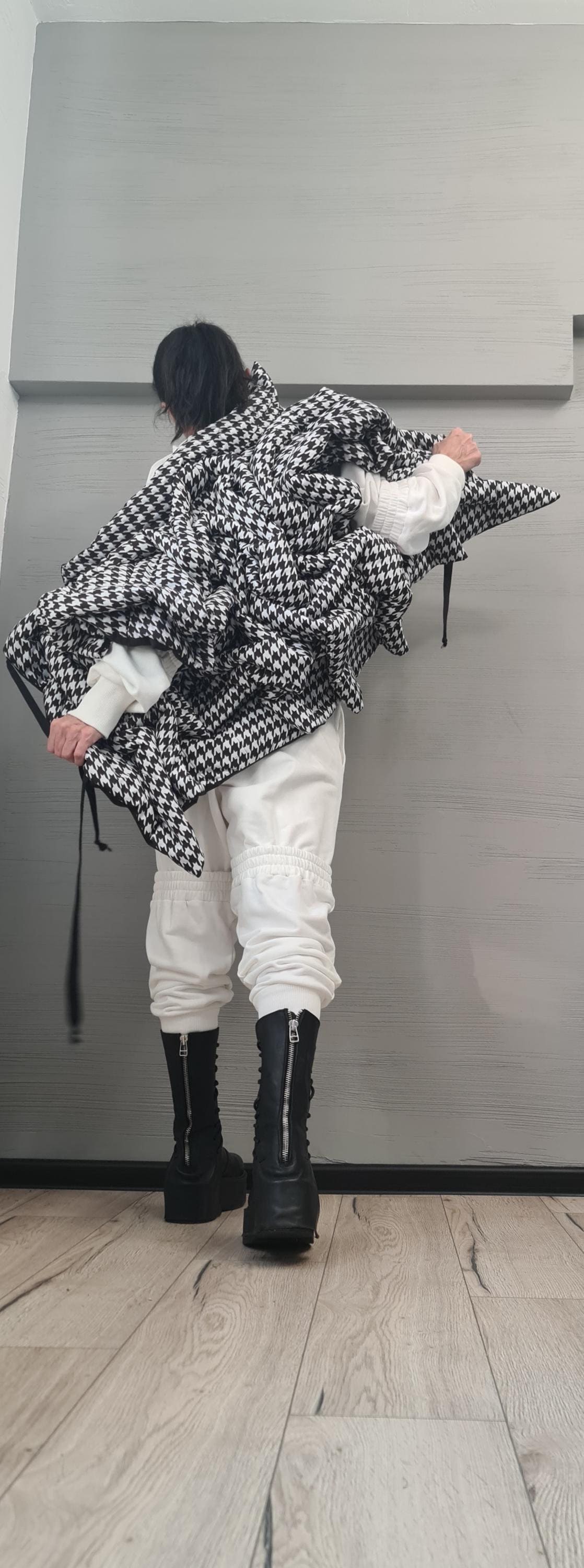 Black and White Pepita Extravagant Winter Jacket, Women Short Jacket, Sleeveless Jacket, Waterproof Jacket, Windproof Jacket, Puffer Jacket