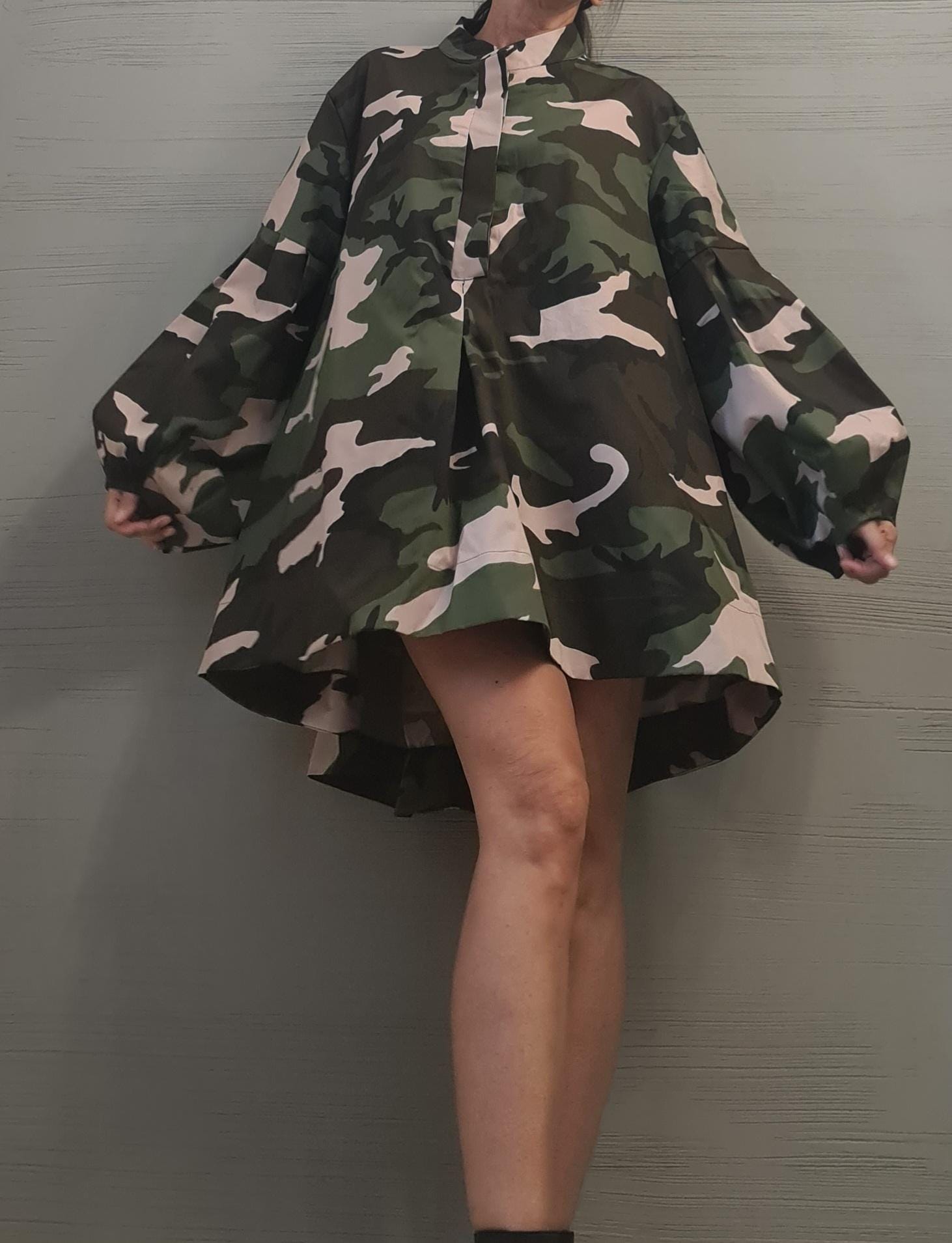 Extravagant Shirt, Loose Shirt Tunic Camouflage Dress, Asymmetric Tunic, Oversize Tunic, Extravagant Long Sleeve, New collection