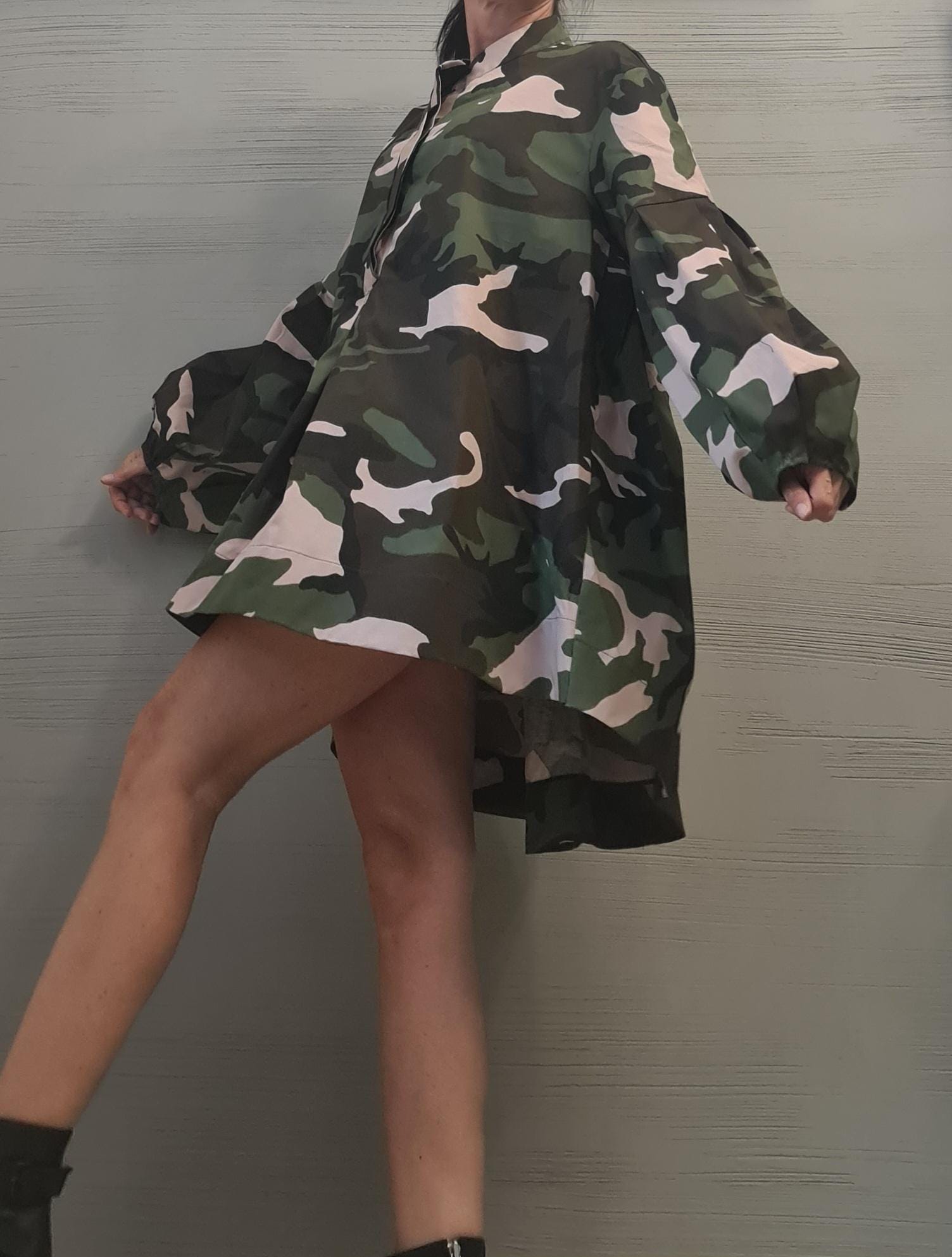Extravagant Shirt, Loose Shirt Tunic Camouflage Dress, Asymmetric Tunic, Oversize Tunic, Extravagant Long Sleeve, New collection