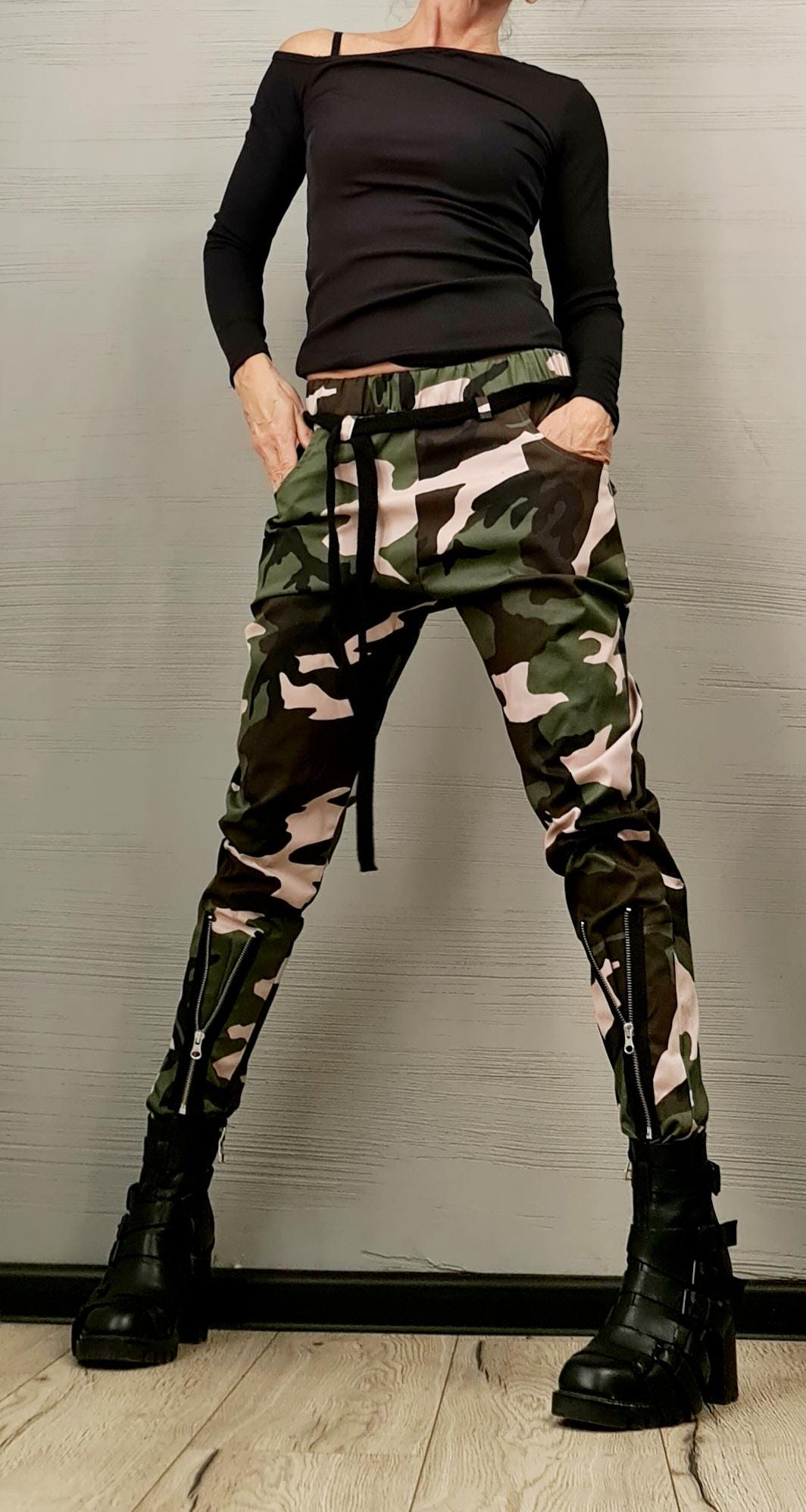 Extravagant Women Harem Pants, Tight Zipper Pants, Women Baggy Trousers, Military camouflage Pants