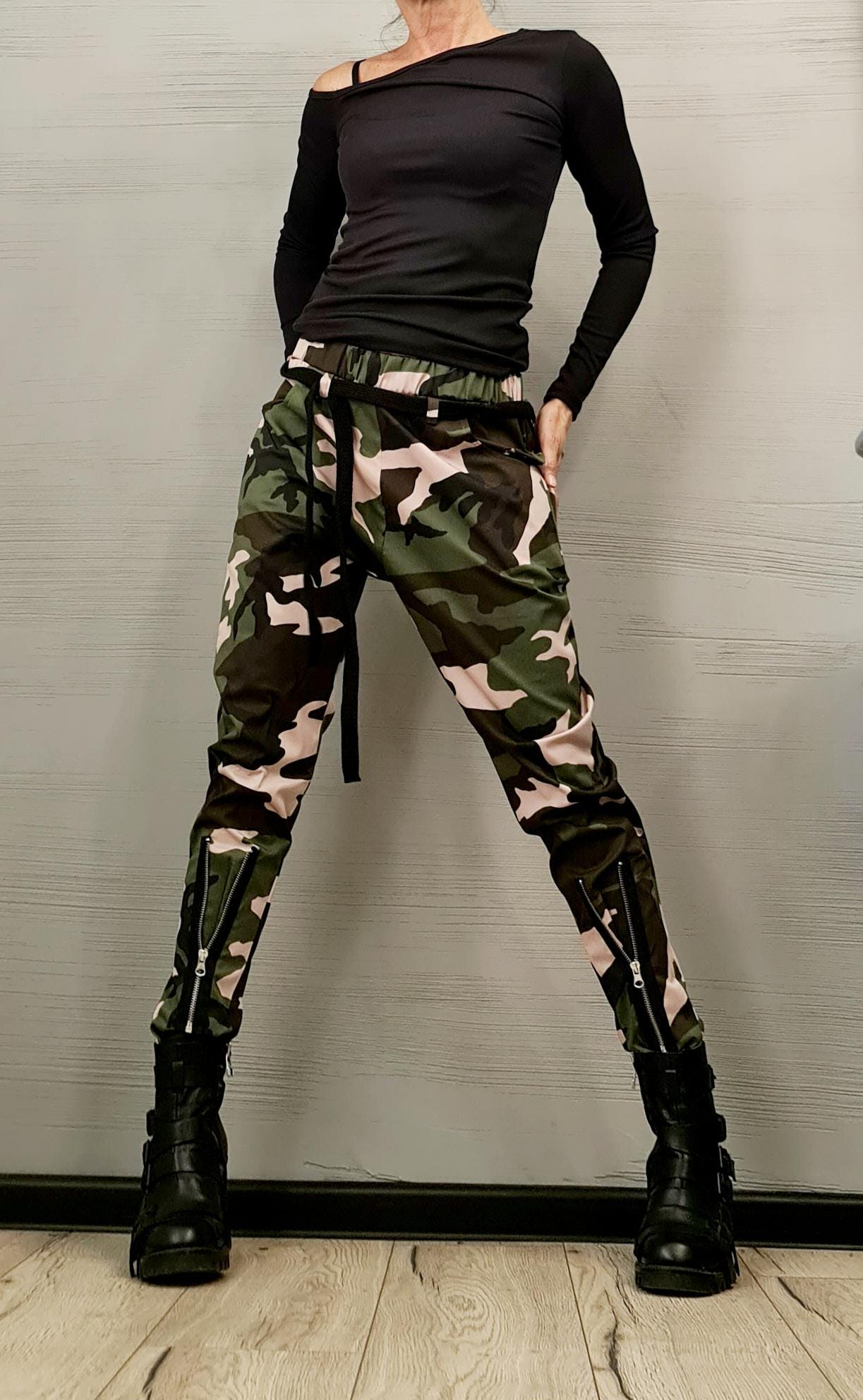 Extravagant Women Harem Pants, Tight Zipper Pants, Women Baggy Trousers, Military camouflage Pants