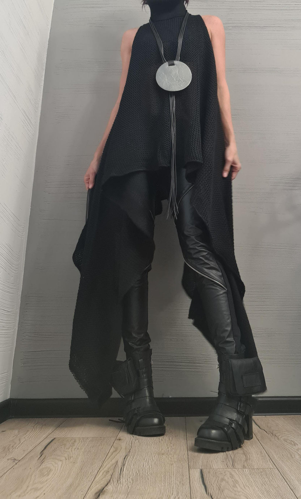 Handmade Black Knit Sleeveless Tunic, Knitted Sexy, Extravagant Long Black Top, Open shoulders  AvantGarde Asymmetrical High Neck Top