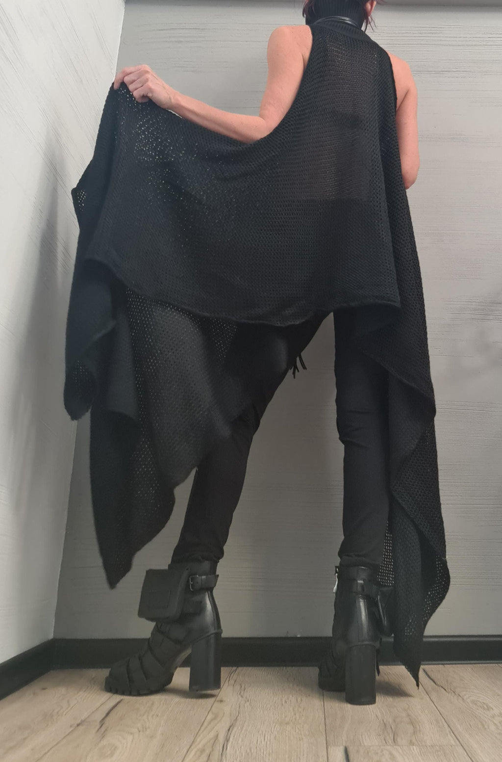 Handmade Black Knit Sleeveless Tunic, Knitted Sexy, Extravagant Long Black Top, Open shoulders  AvantGarde Asymmetrical High Neck Top