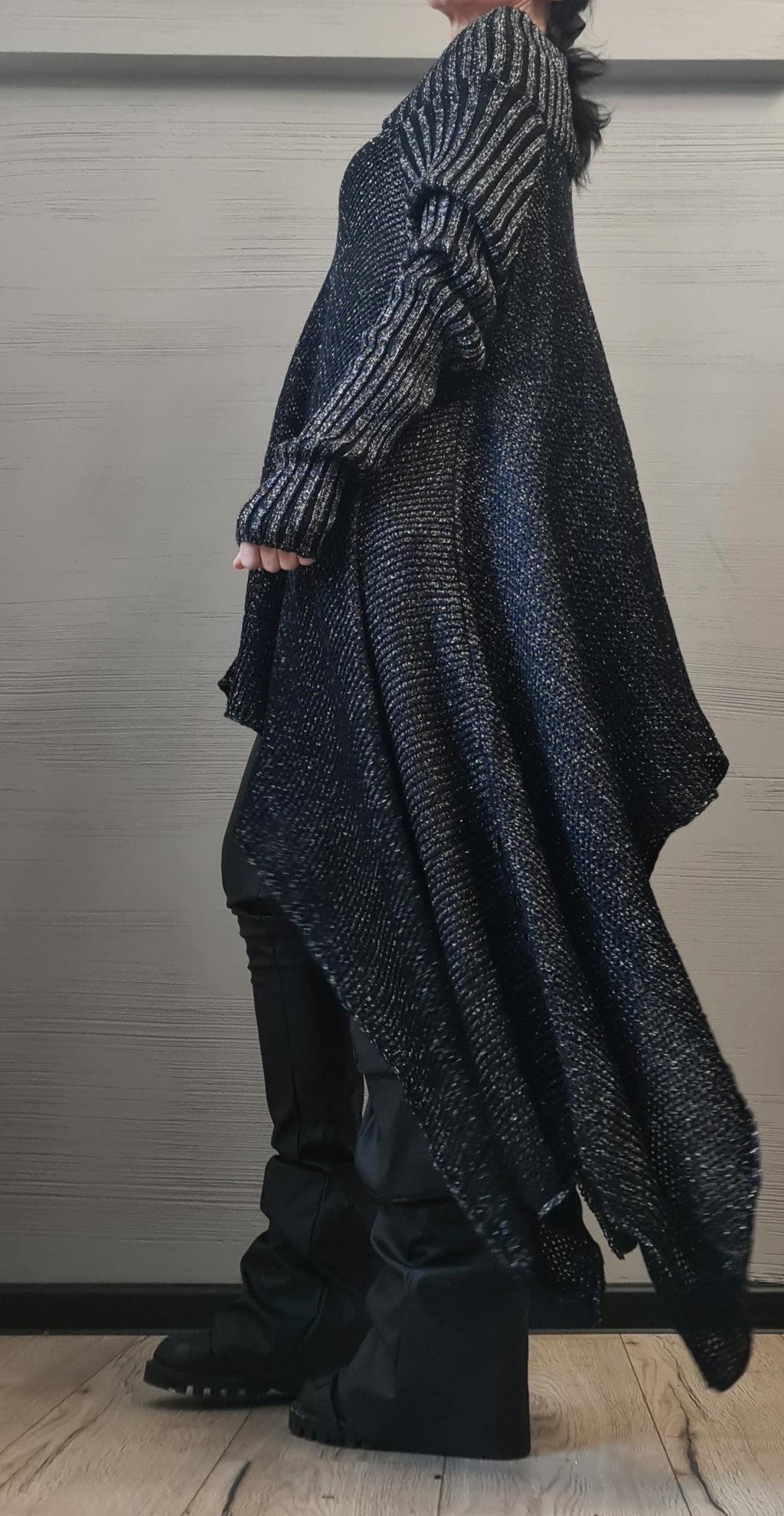 NEW Collection Knitted Sexy Top Blouse, Black Glossy Extravagant Long Top, Avant Garde Blouse, Sexy Top, Open shoulders Long sleeve