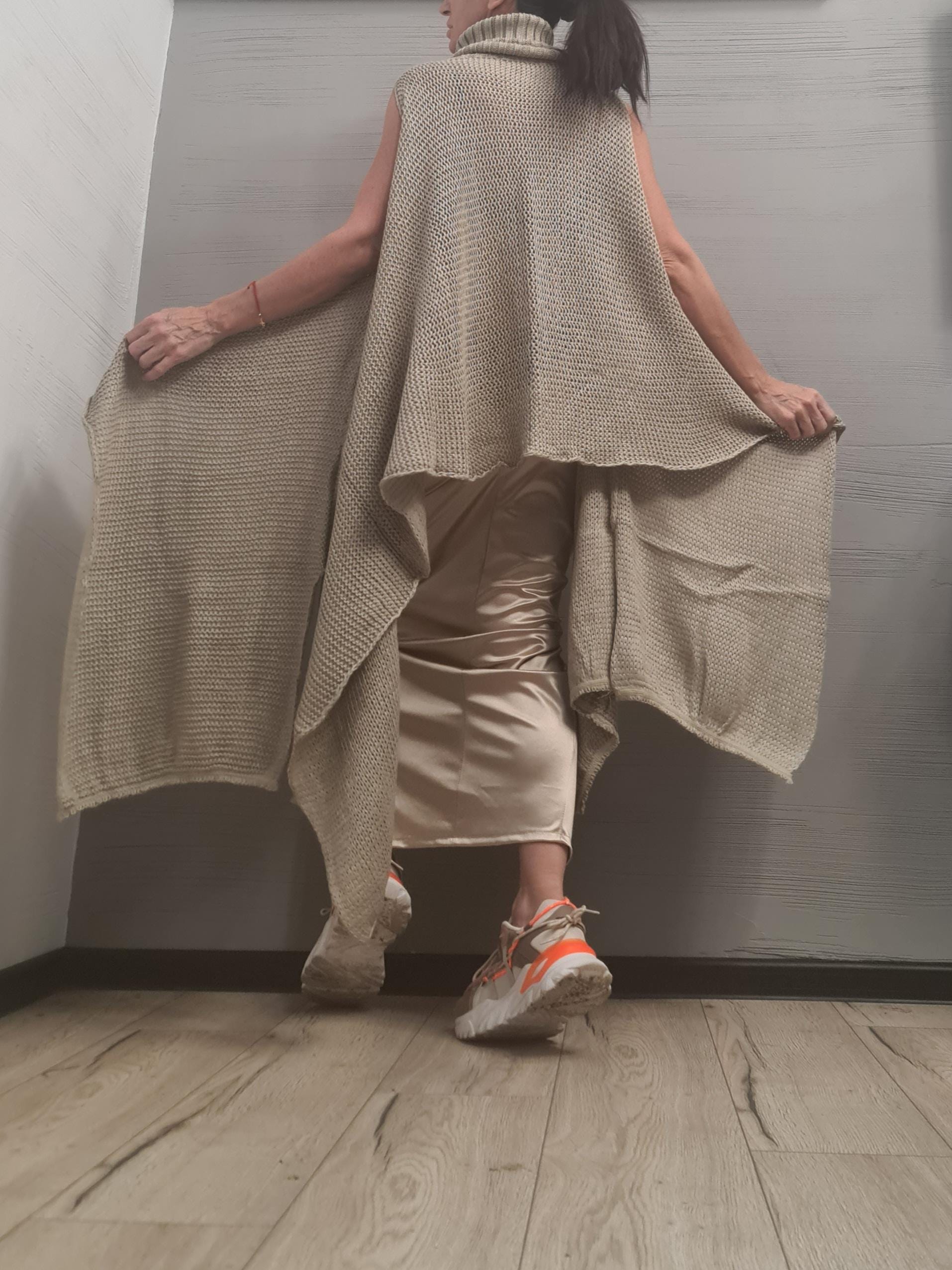 NEW Collection Knitted Sexy Turtle Neck Top Blouse, Extravagant Long Top, Avant Garde Blouse, Sexy Top, Sleeveless, Open shoulders