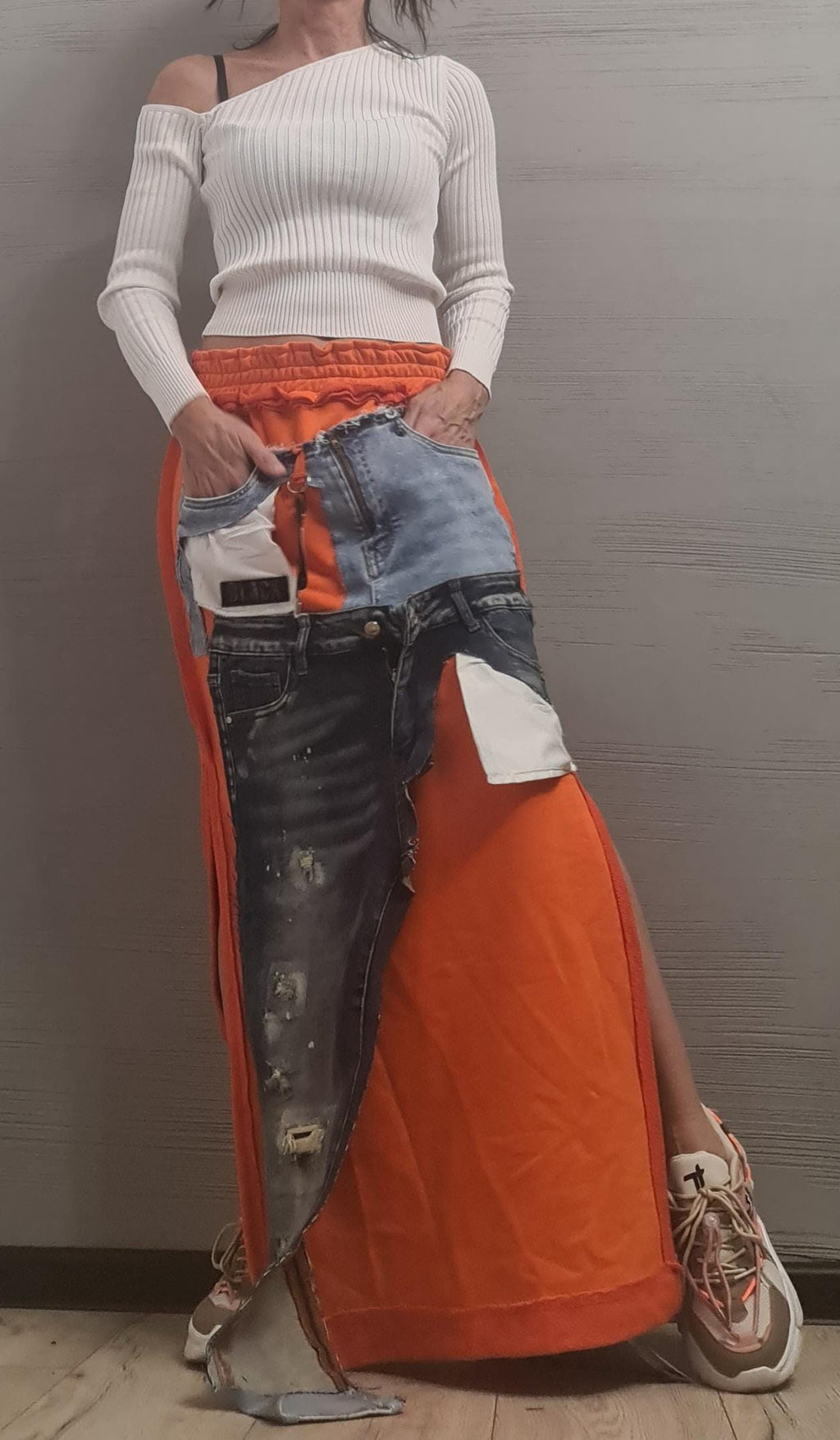 New collection Extravagant Long Skirt, Cotton Denim Skirt, Deconstructed Avant Garde Skirt Outside Seam, DRESSSHOESCODE