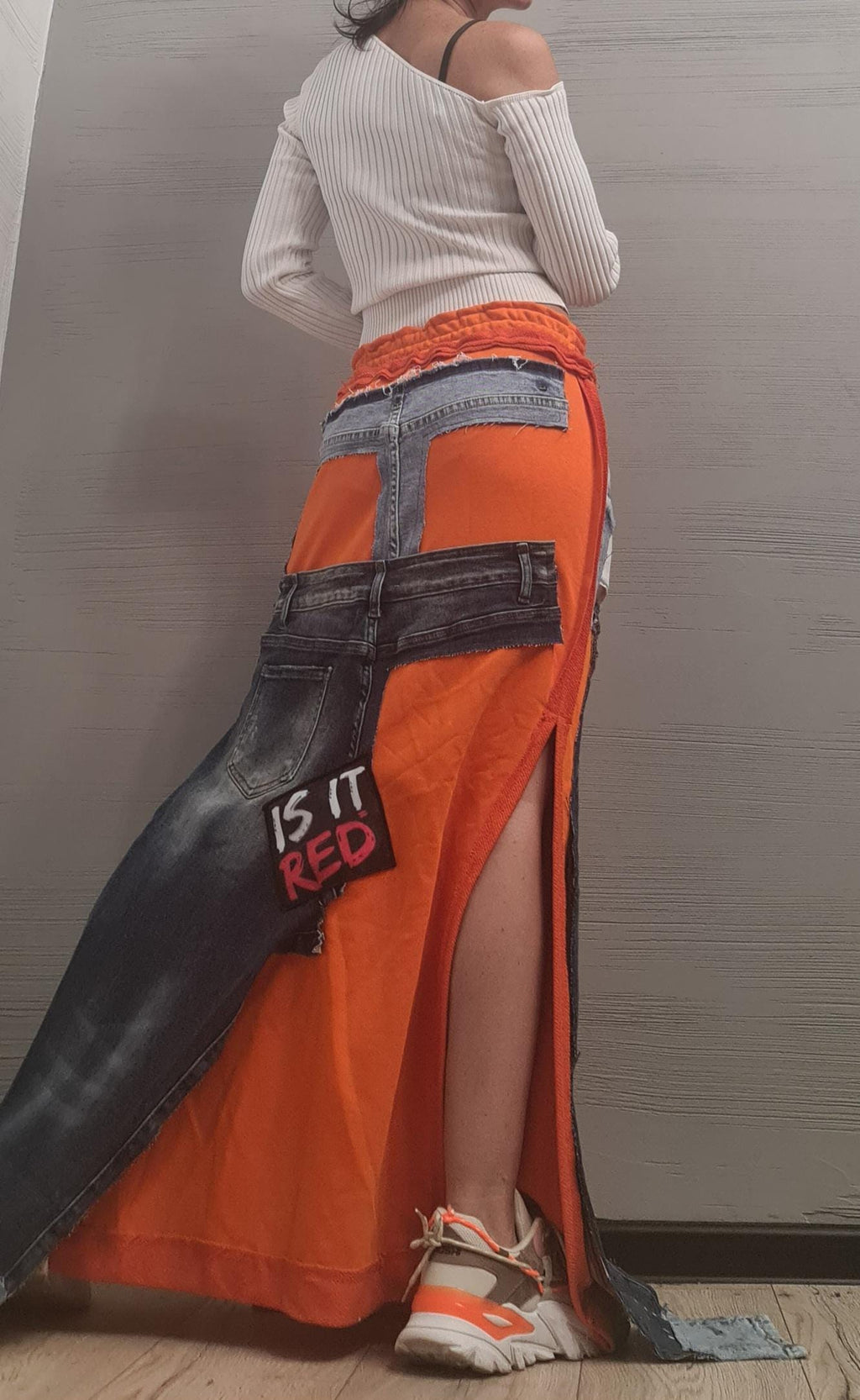 New collection Extravagant Long Skirt, Cotton Denim Skirt, Deconstructed Avant Garde Skirt Outside Seam, DRESSSHOESCODE