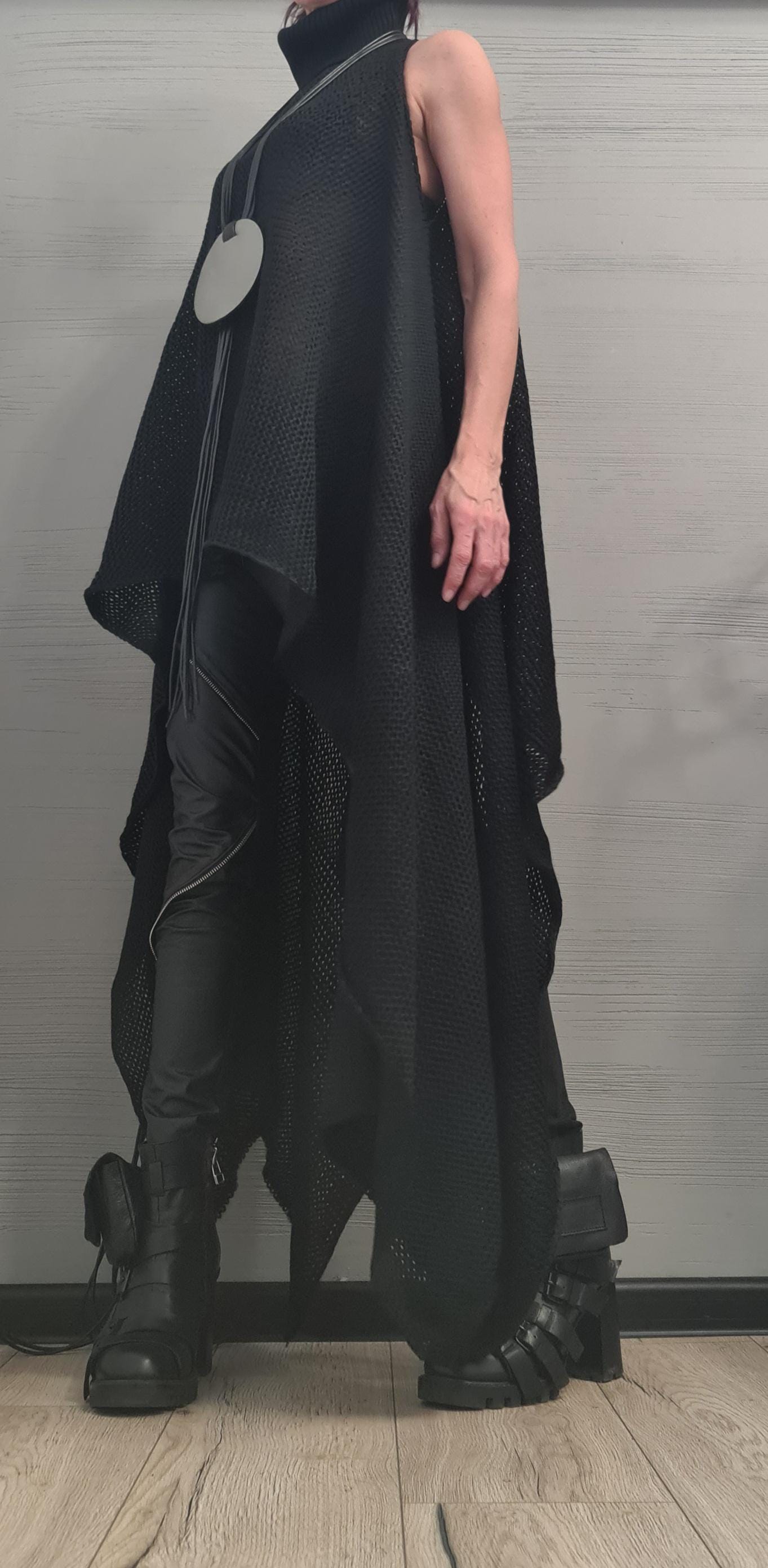 Handmade Black Knit Sleeveless Tunic, Knitted Sexy, Extravagant Long Black Top, Open shoulders  AvantGarde Asymmetrical High Neck Top