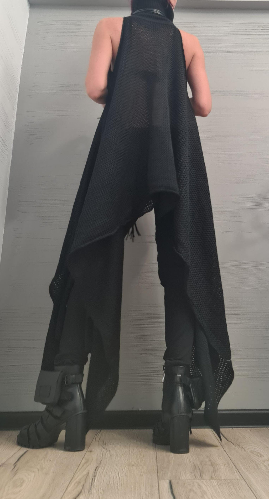 Handmade Black Knit Sleeveless Tunic, Knitted Sexy, Extravagant Long Black Top, Open shoulders  AvantGarde Asymmetrical High Neck Top