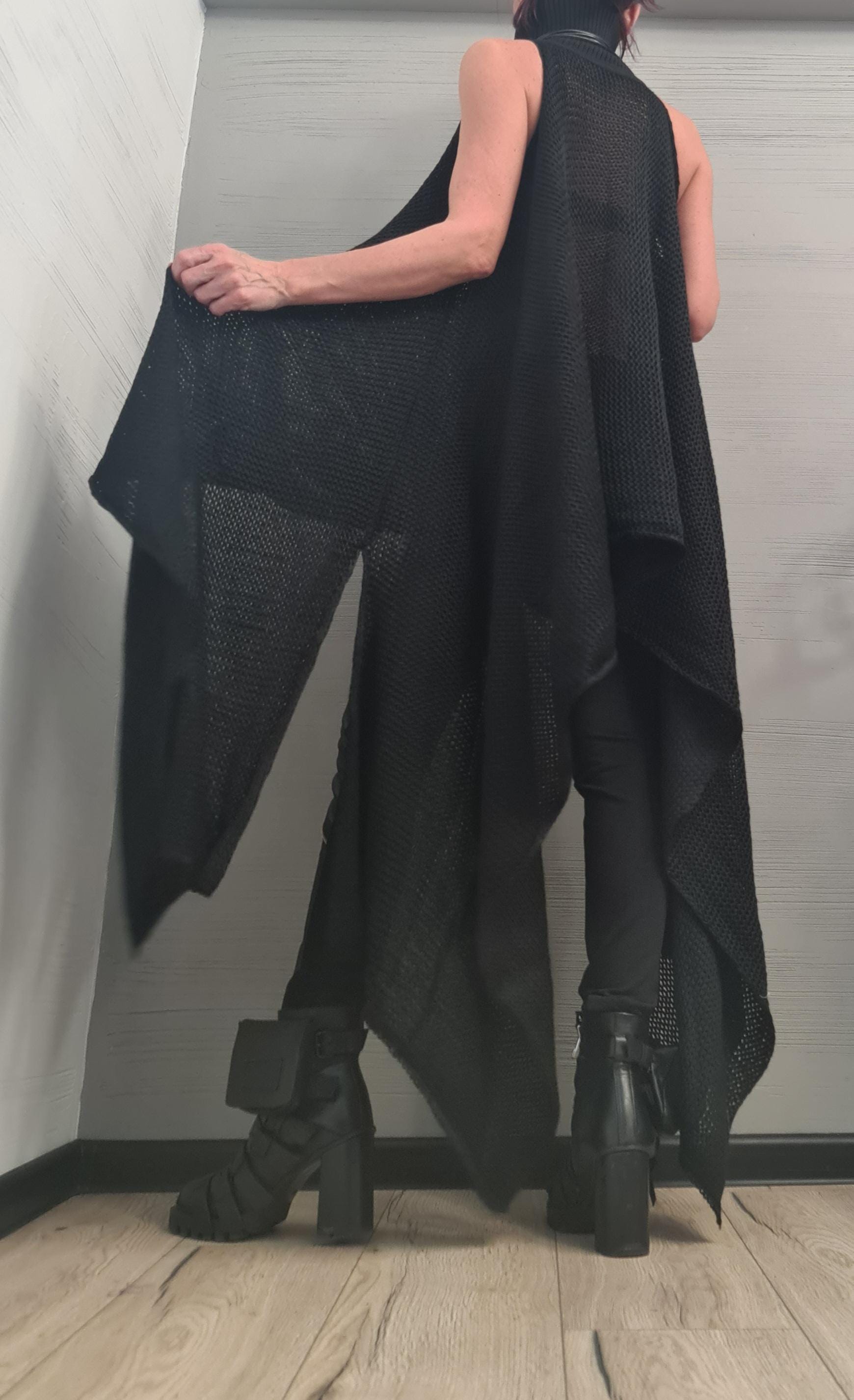 Handmade Black Knit Sleeveless Tunic, Knitted Sexy, Extravagant Long Black Top, Open shoulders  AvantGarde Asymmetrical High Neck Top