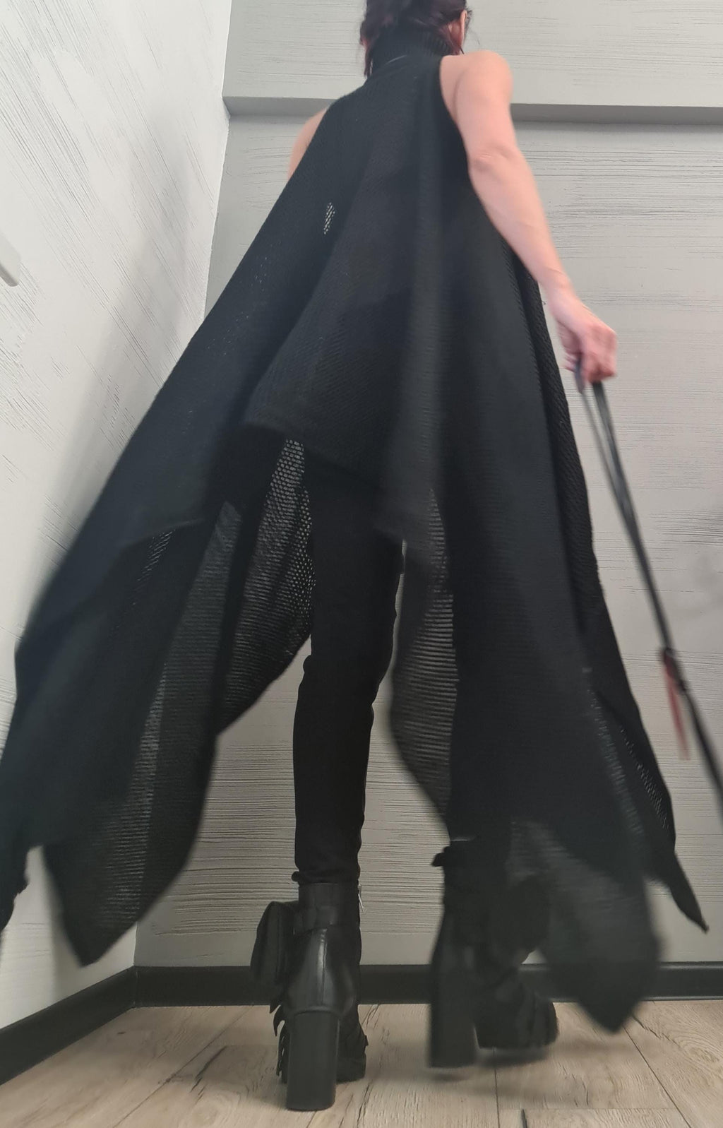 Handmade Black Knit Sleeveless Tunic, Knitted Sexy, Extravagant Long Black Top, Open shoulders  AvantGarde Asymmetrical High Neck Top