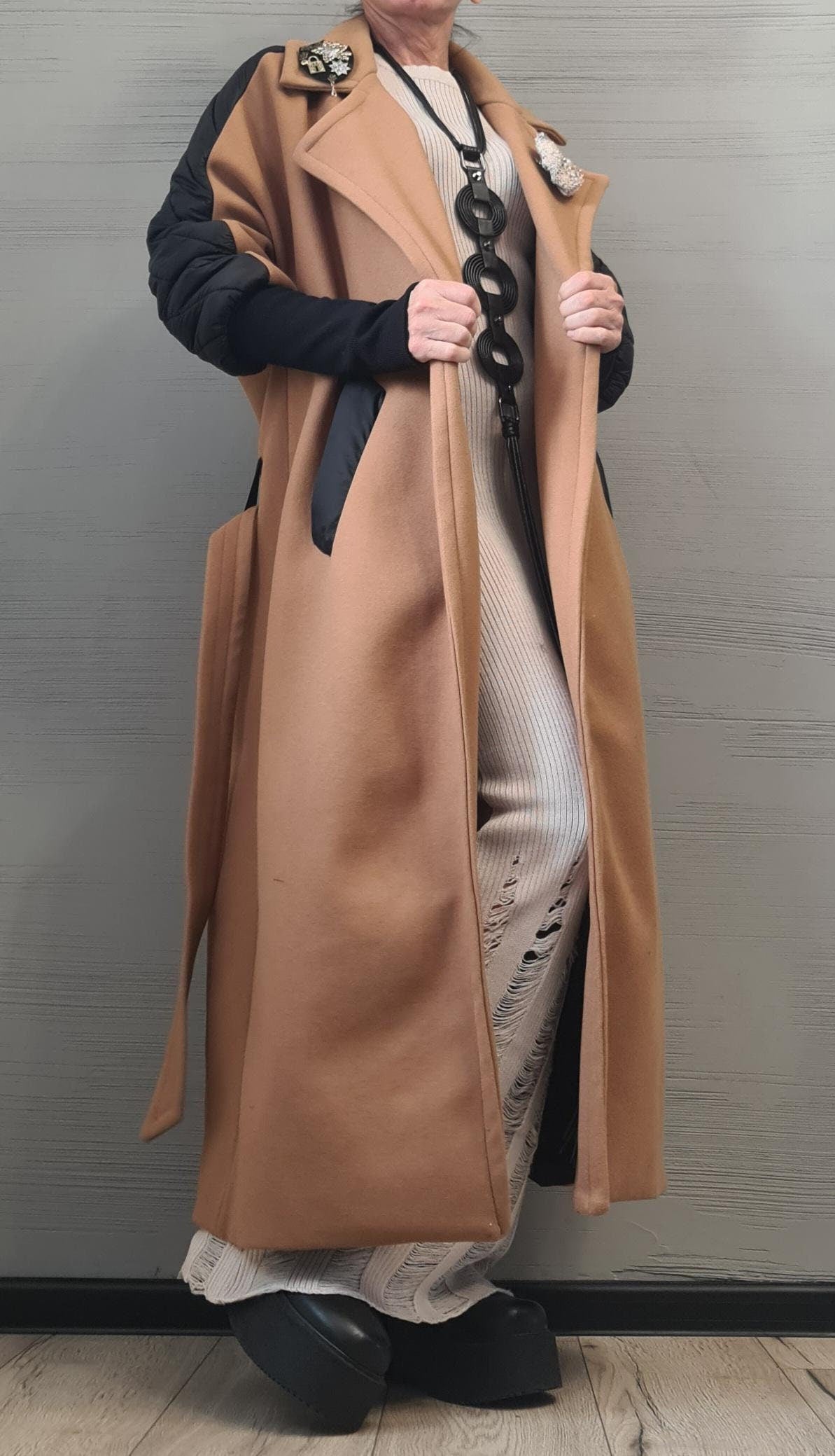 New collection Extravagant Long Coat, Avant Garde  Coat, Wool Coat, Gothic Coat, Plus Size Clothing, Women Wide coat with emblems