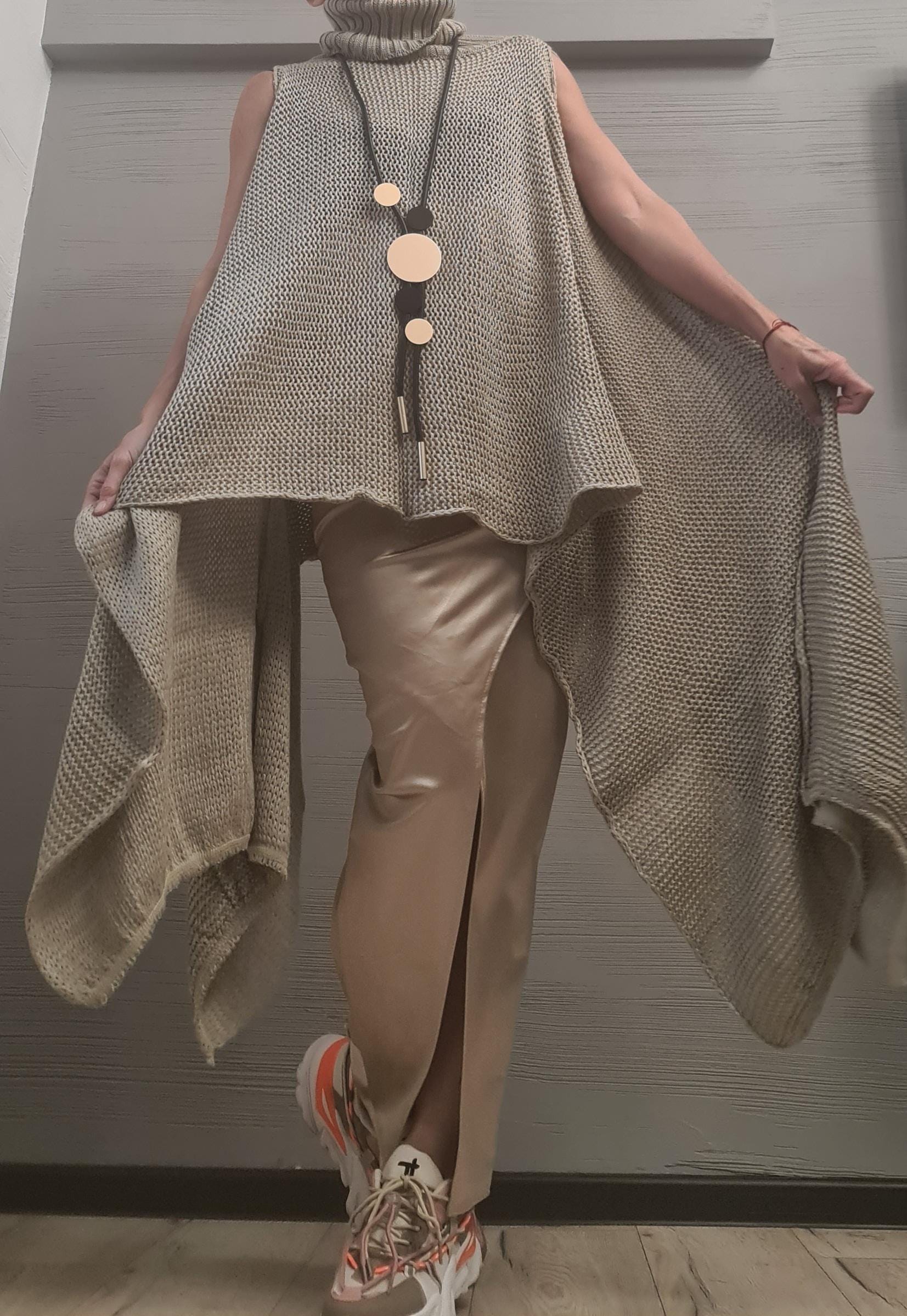 NEW Collection Knitted Sexy Turtle Neck Top Blouse, Extravagant Long Top, Avant Garde Blouse, Sexy Top, Sleeveless, Open shoulders