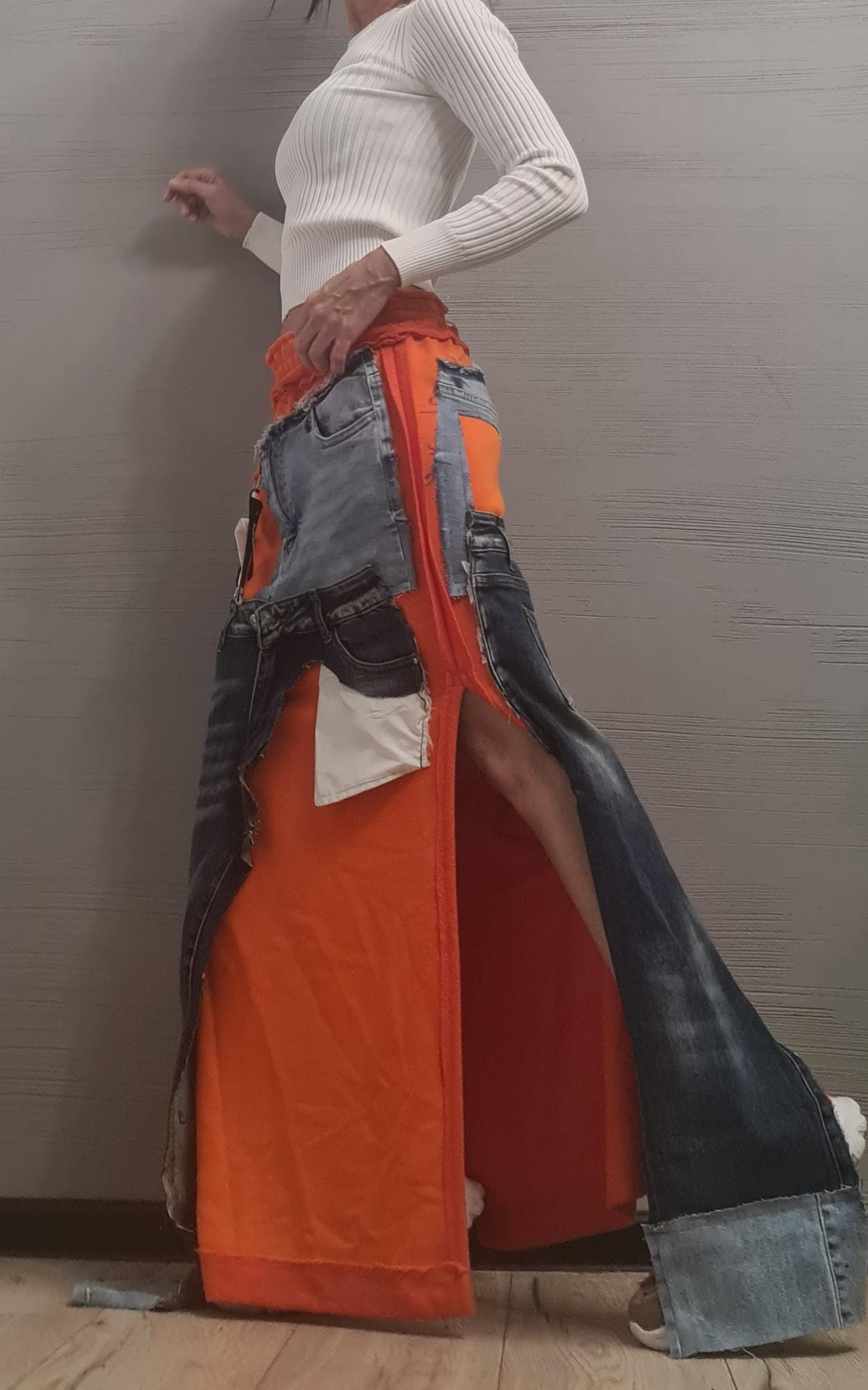 New collection Extravagant Long Skirt, Cotton Denim Skirt, Deconstructed Avant Garde Skirt Outside Seam, DRESSSHOESCODE