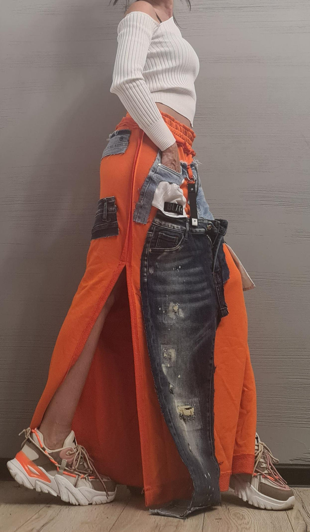 New collection Extravagant Long Skirt, Cotton Denim Skirt, Deconstructed Avant Garde Skirt Outside Seam, DRESSSHOESCODE