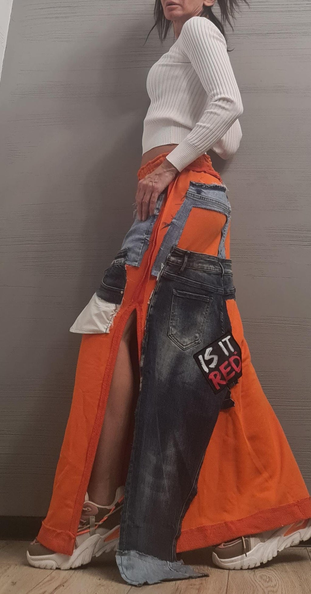 New collection Extravagant Long Skirt, Cotton Denim Skirt, Deconstructed Avant Garde Skirt Outside Seam, DRESSSHOESCODE