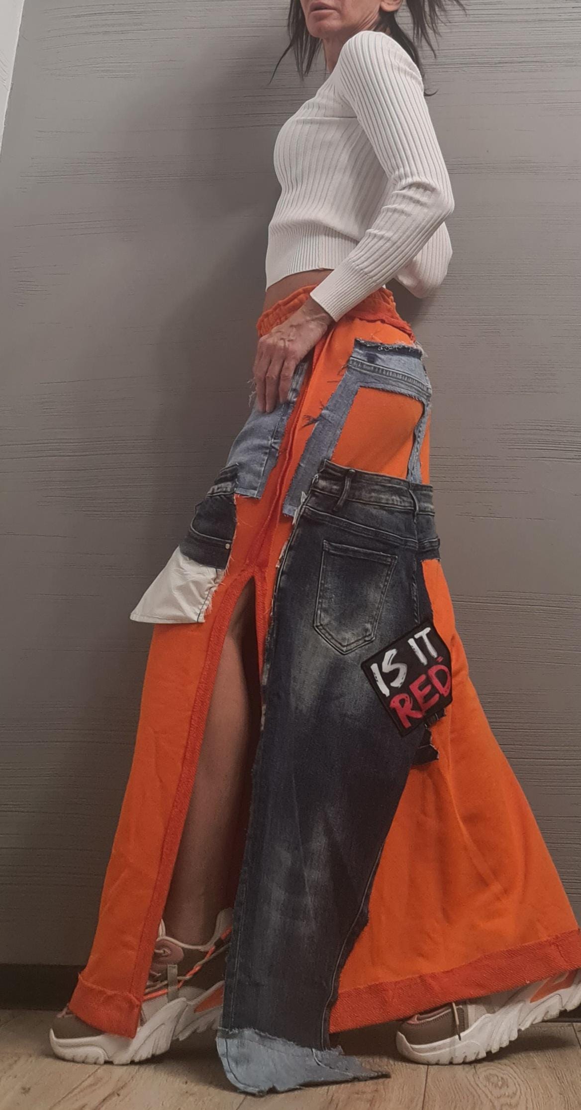 New collection Extravagant Long Skirt, Cotton Denim Skirt, Deconstructed Avant Garde Skirt Outside Seam, DRESSSHOESCODE