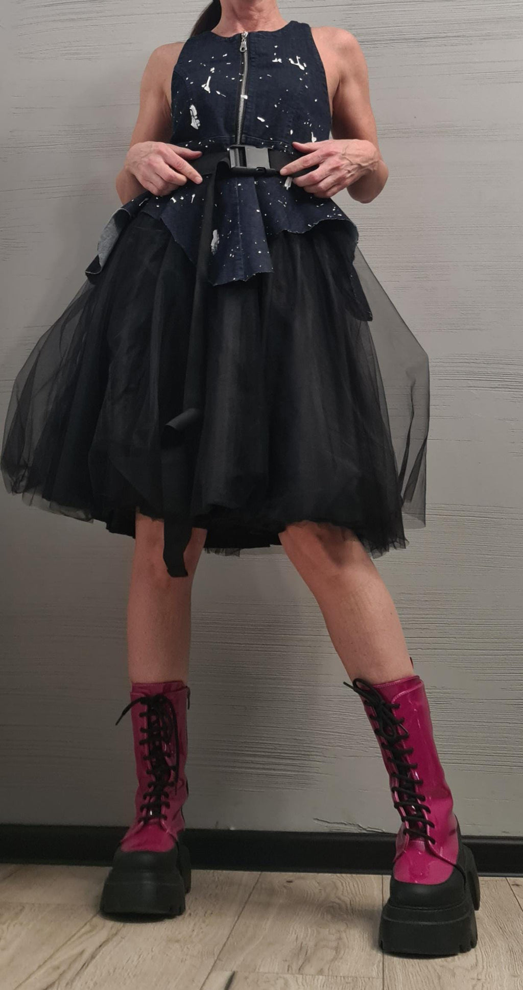 New collection Denim Extravagant Dress, Asymmetric Denim Tulle Dress, Sleeveless Dress, Sexy Dress, Party dress