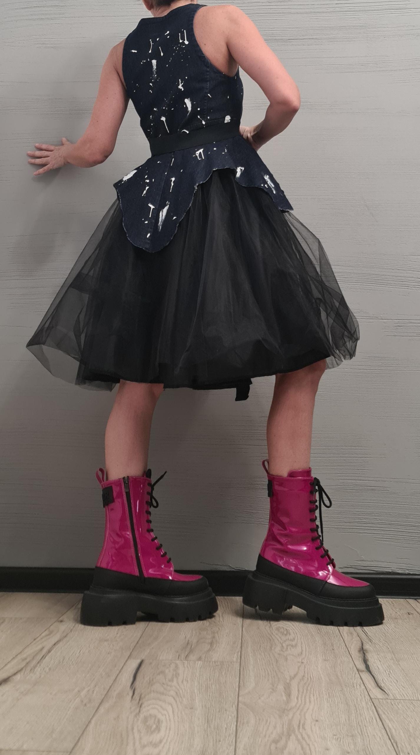 New collection Denim Extravagant Dress, Asymmetric Denim Tulle Dress, Sleeveless Dress, Sexy Dress, Party dress