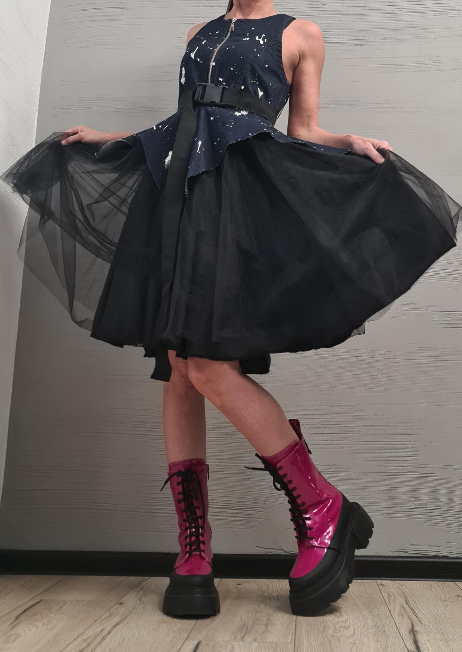 New collection Denim Extravagant Dress, Asymmetric Denim Tulle Dress, Sleeveless Dress, Sexy Dress, Party dress