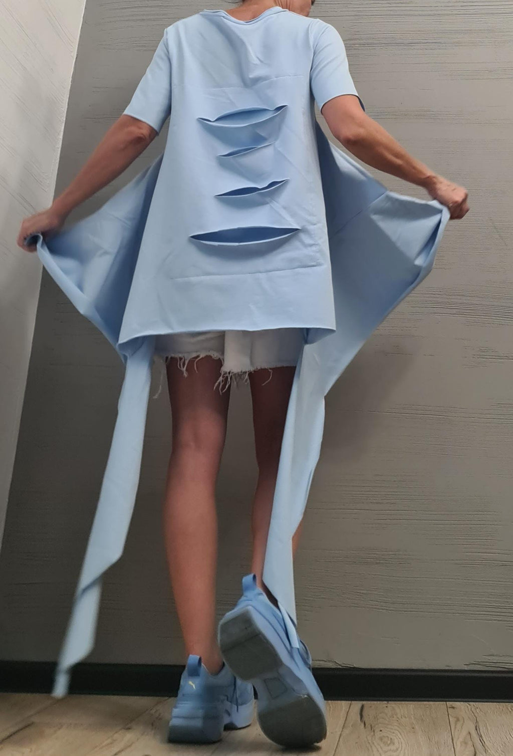 Avant Garde Light blue Tunic, Deconstructed Top, Loose Tunic, Asymmetric Blouse, Oversize Tunic, Short Sleeve