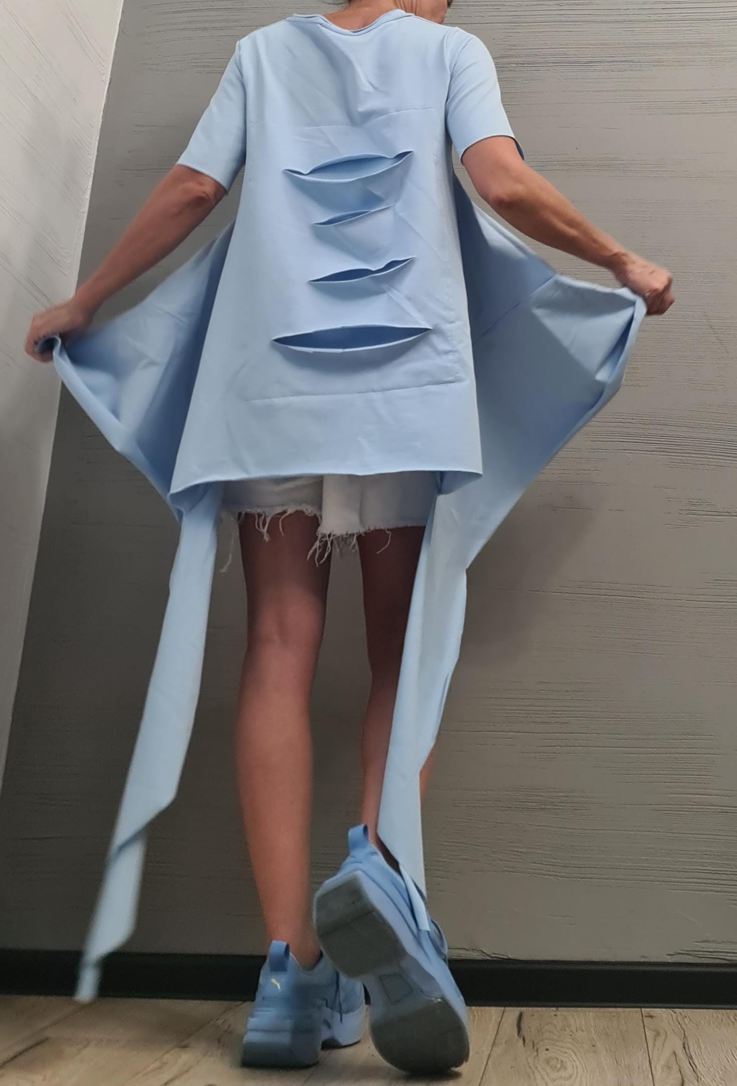 Avant Garde Light blue Tunic, Deconstructed Top, Loose Tunic, Asymmetric Blouse, Oversize Tunic, Short Sleeve