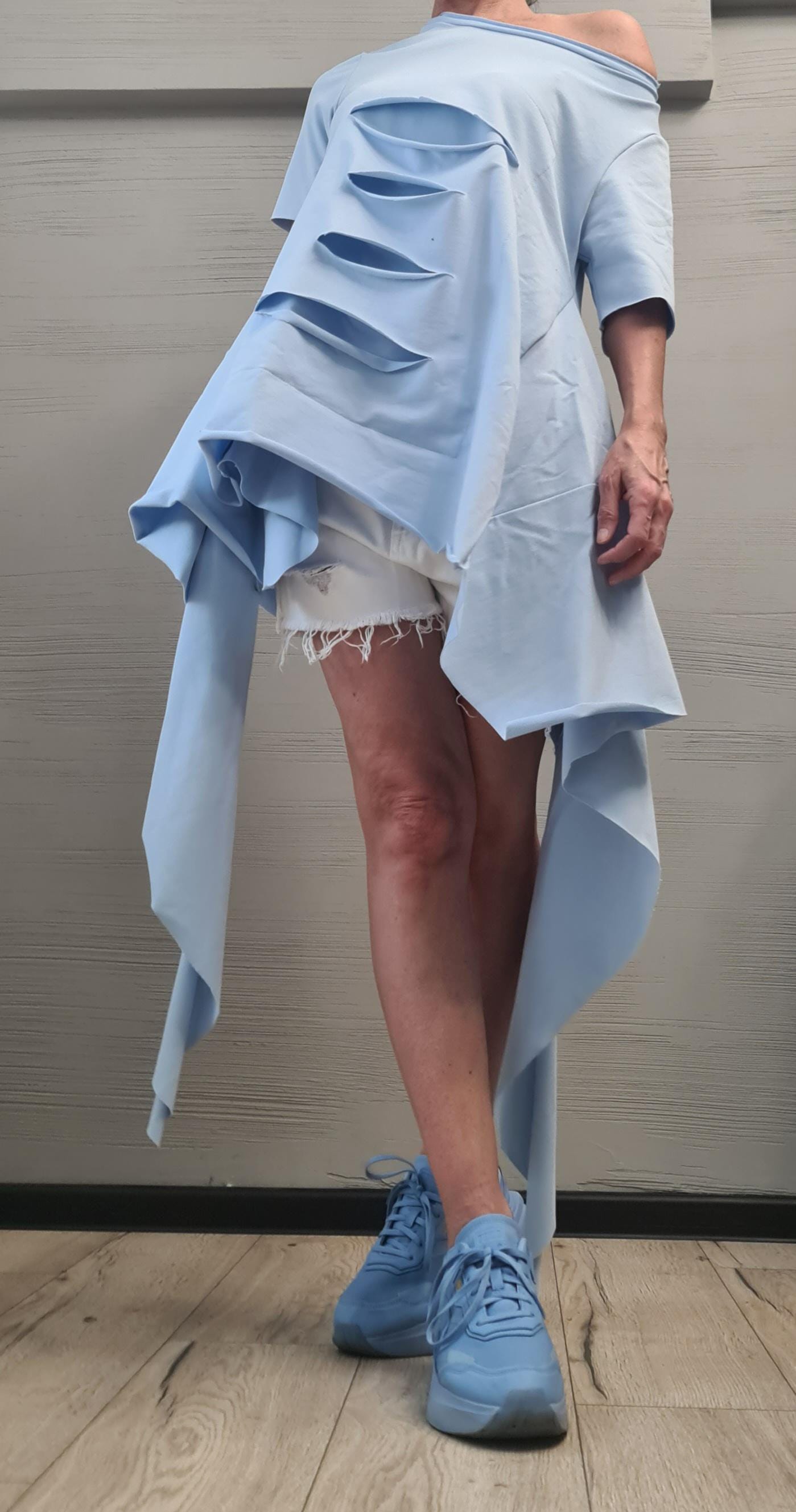 Avant Garde Light blue Tunic, Deconstructed Top, Loose Tunic, Asymmetric Blouse, Oversize Tunic, Short Sleeve