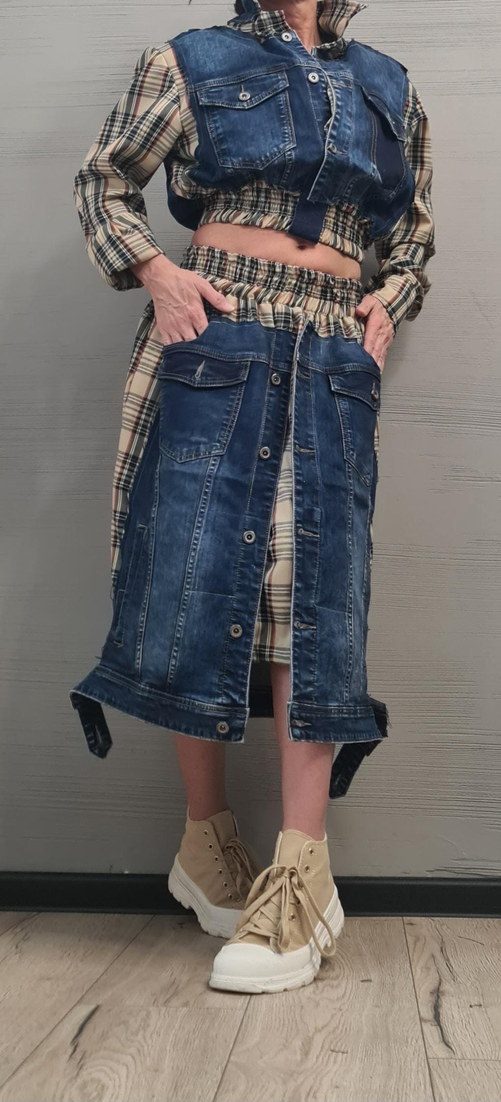 New collection Sweatshirt And Skirt Set, Cotton Denim Women Costume, Extravagant Sweatshirt, Sexy Women Suit Scottish plaid