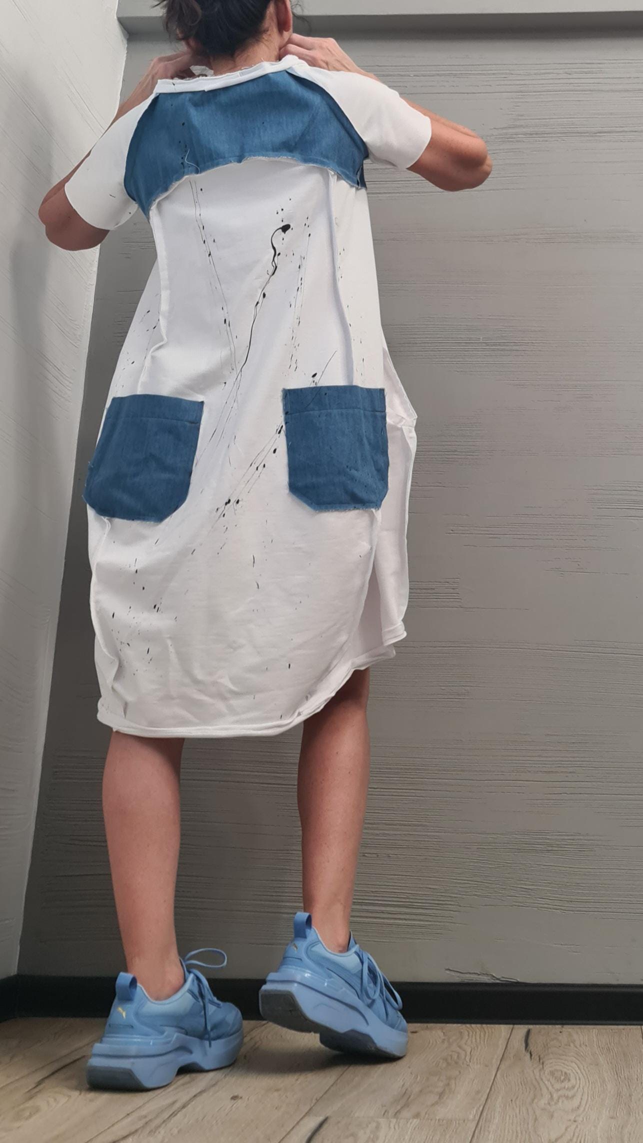 White Extravagant  Dress, One Shoulder Dress, Cotton Denim Tunic Dress, Plus Size Clothing, Asymmetric Dress, Knee Length Dress