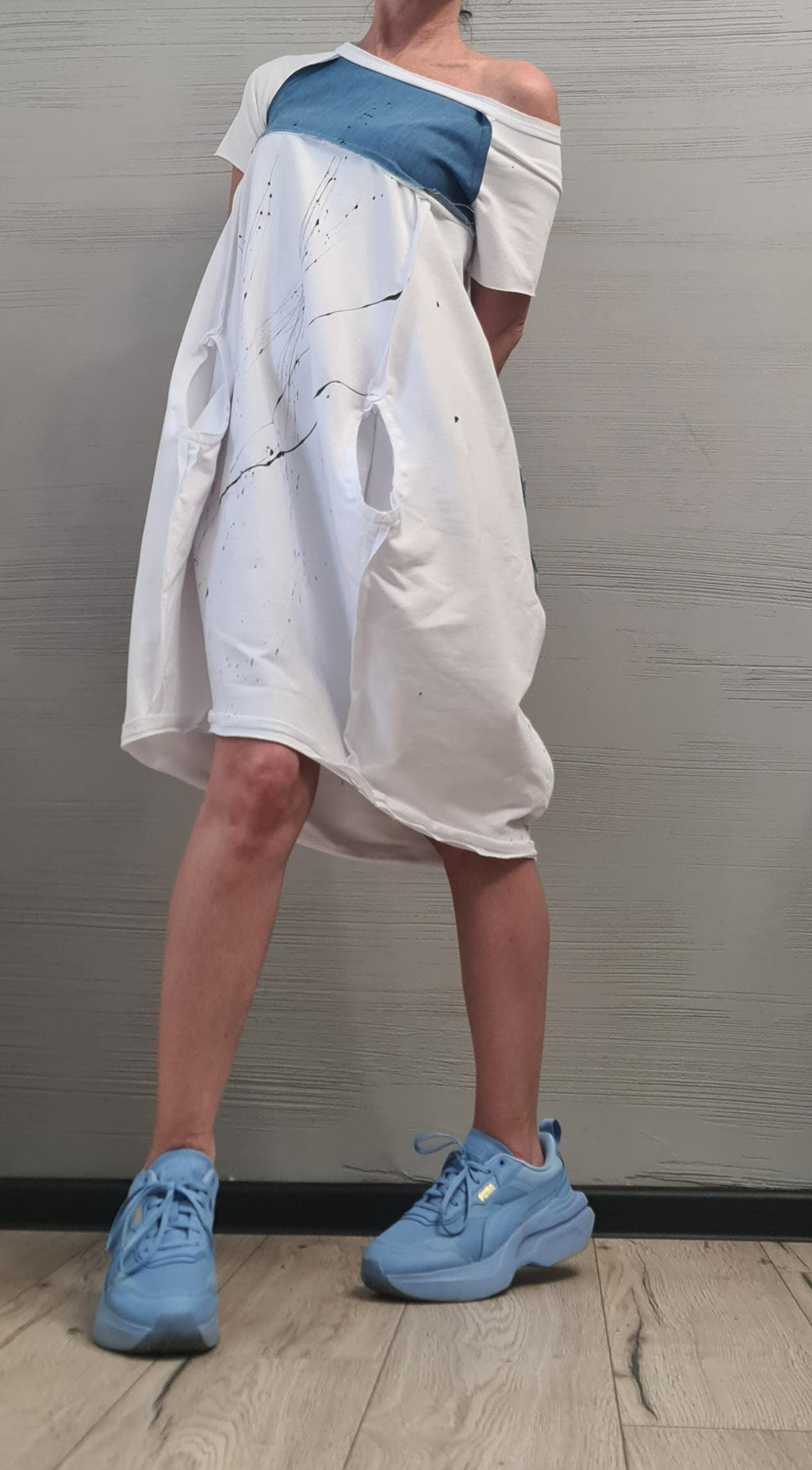 White Extravagant  Dress, One Shoulder Dress, Cotton Denim Tunic Dress, Plus Size Clothing, Asymmetric Dress, Knee Length Dress