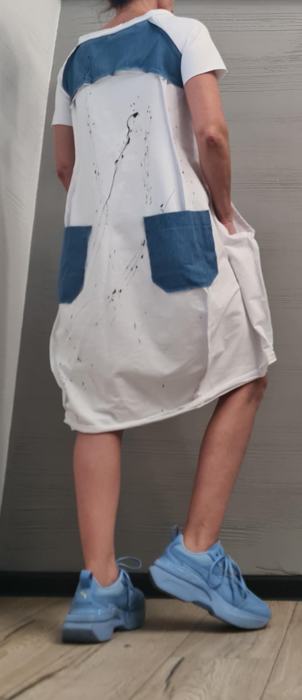 White Extravagant  Dress, One Shoulder Dress, Cotton Denim Tunic Dress, Plus Size Clothing, Asymmetric Dress, Knee Length Dress