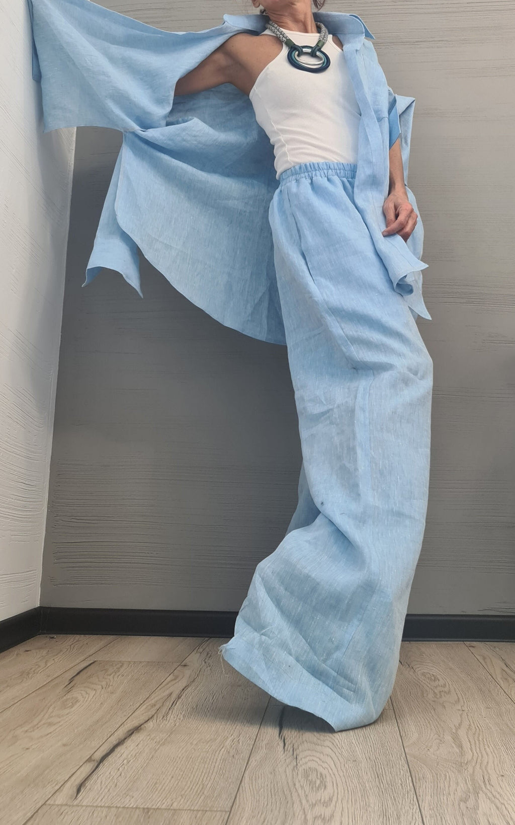 Extravagant Linen Women Set, Sexy Open Shirt, Women Harem Pants, Loose Linen Pants Shirts, Asymmetric Women set, DRESSSHOESCODE