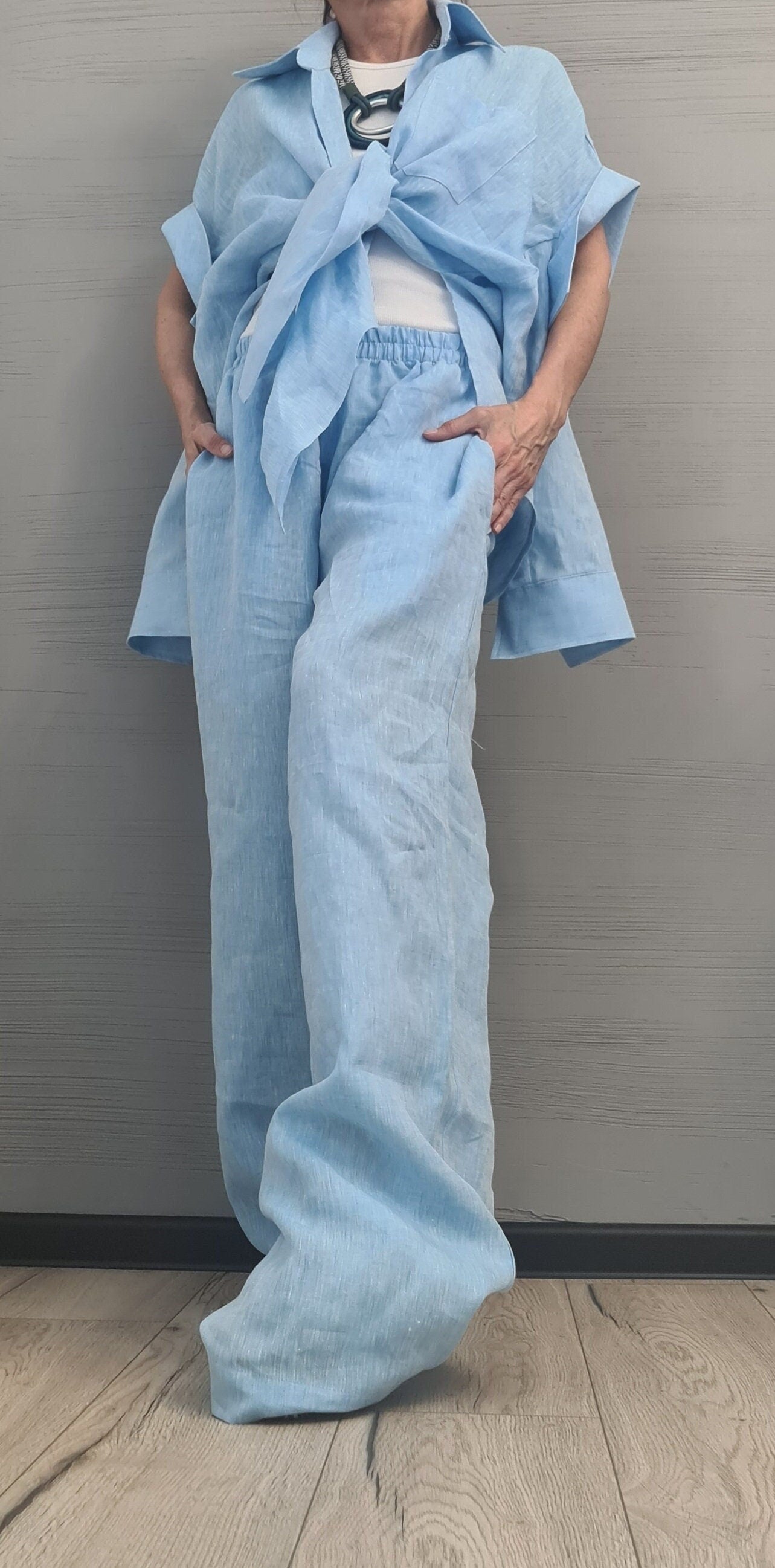 Extravagant Linen Women Set, Sexy Open Shirt, Women Harem Pants, Loose Linen Pants Shirts, Asymmetric Women set, DRESSSHOESCODE