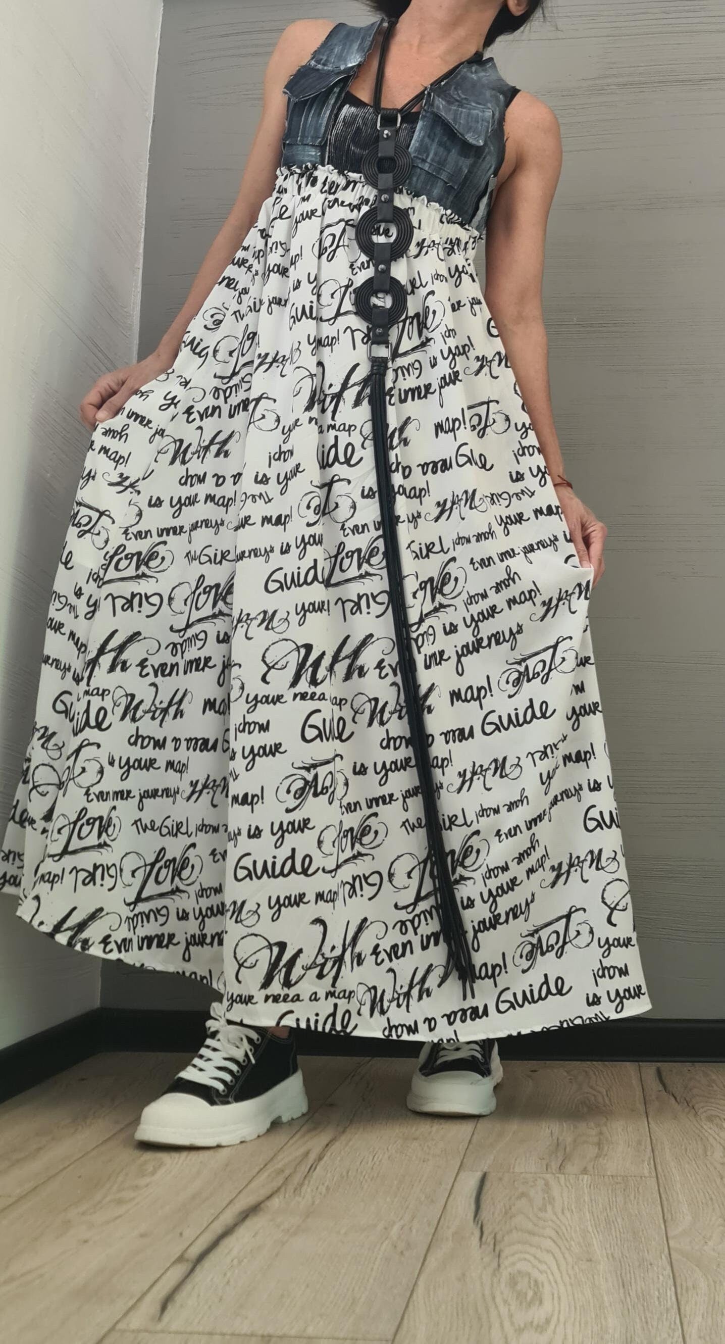 Handmade Asymmetrical Denim & Chiffon Maxi Dress – Sleeveless Cross-Back Tank Dress – Plus Size Avant-Garde Long Dress, Sexy Dress