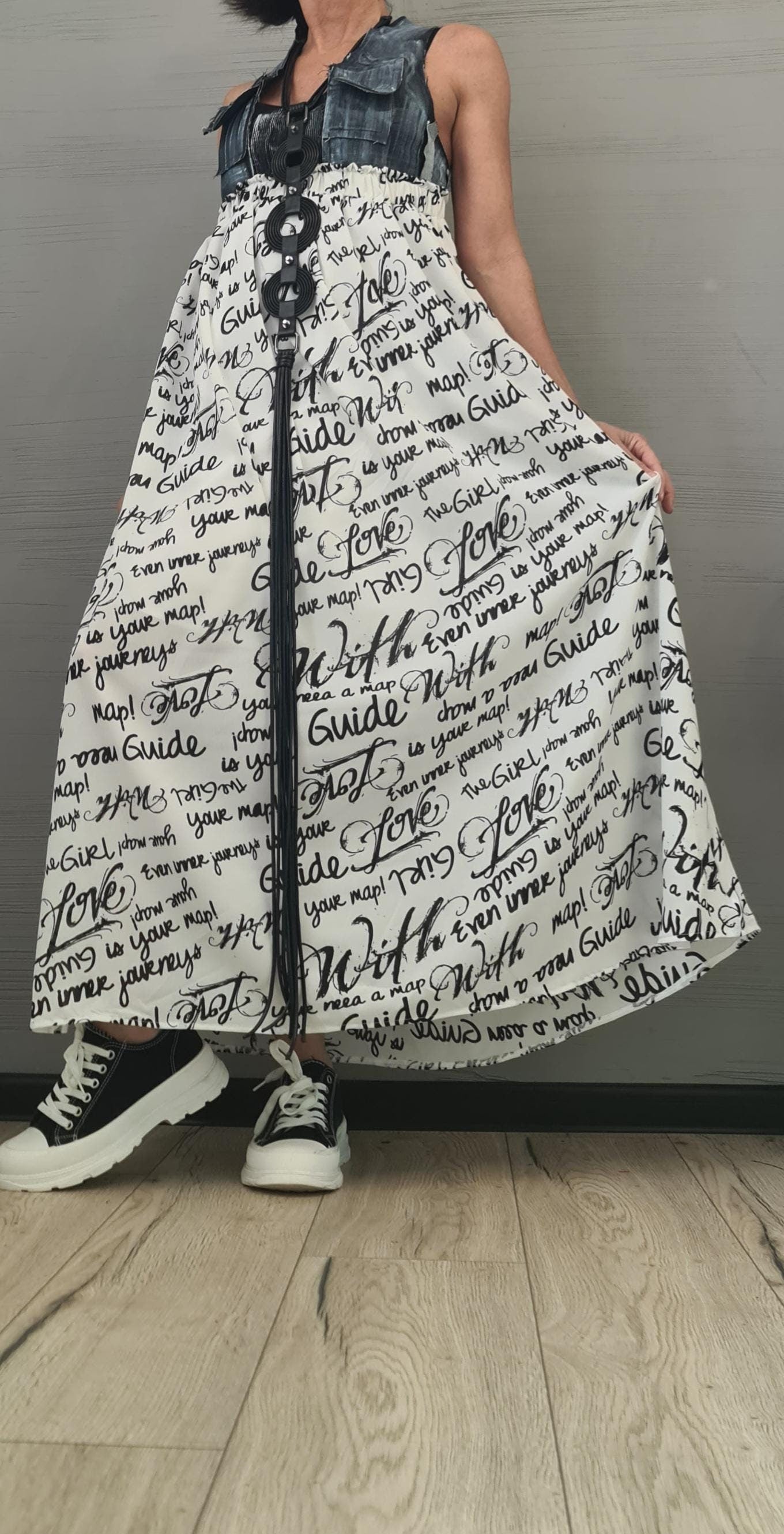 Handmade Asymmetrical Denim & Chiffon Maxi Dress – Sleeveless Cross-Back Tank Dress – Plus Size Avant-Garde Long Dress, Sexy Dress