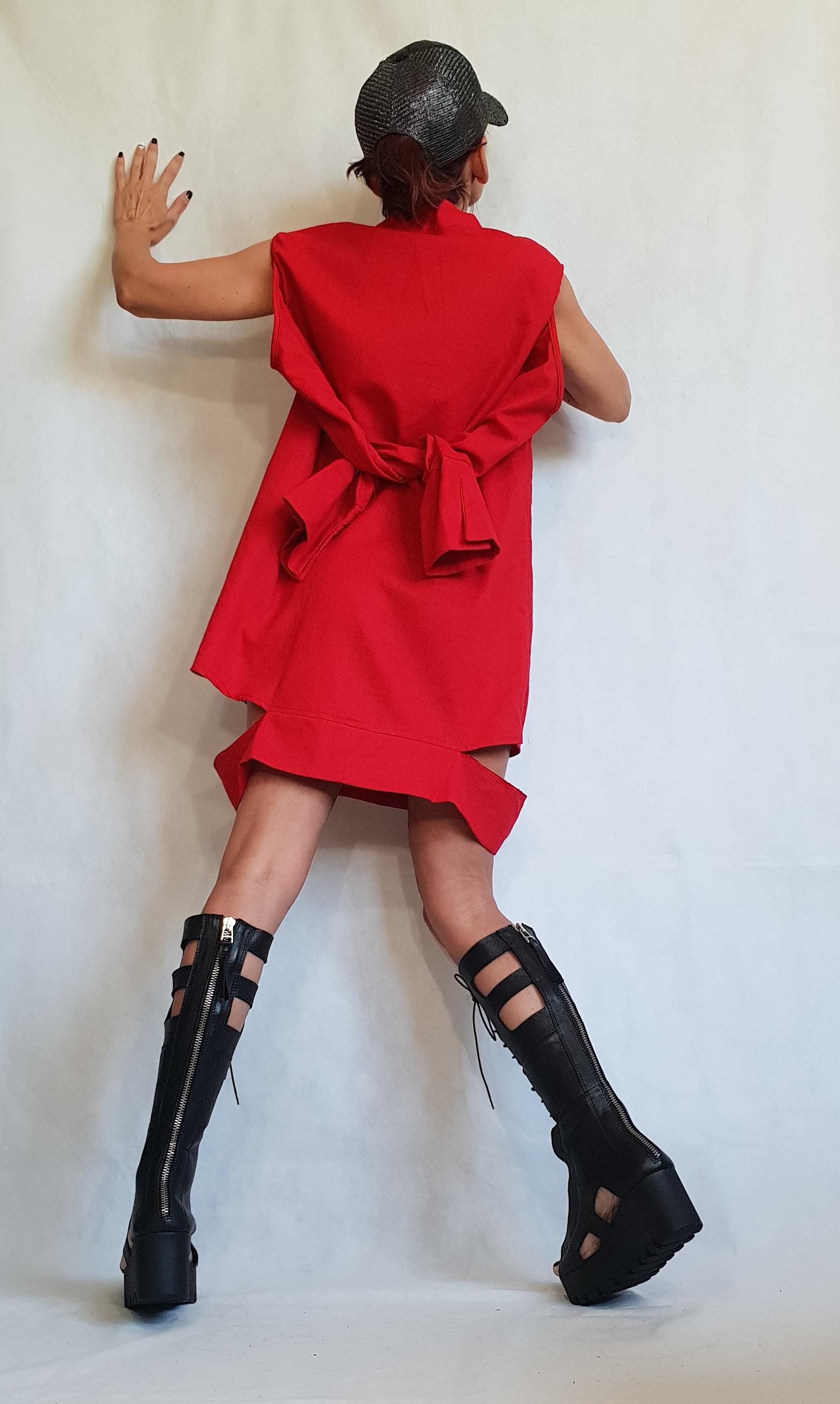 Extravagant Linen Dress, Red Asymmetric Dress Tunic, Plus Size Clothing, Avant Garde Dress, Long Sleeve/Sleeveless DRESSSHOESCODE